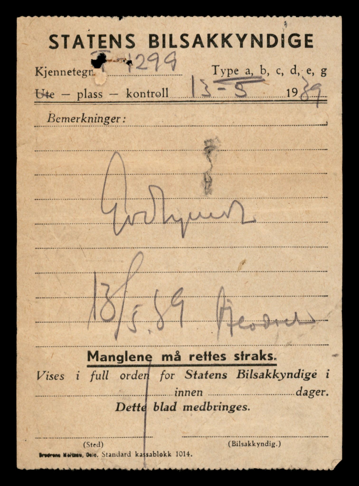 Møre og Romsdal vegkontor - Ålesund trafikkstasjon, SAT/A-4099/F/Fe/L0012: Registreringskort for kjøretøy T 1290 - T 1450, 1927-1998, p. 159