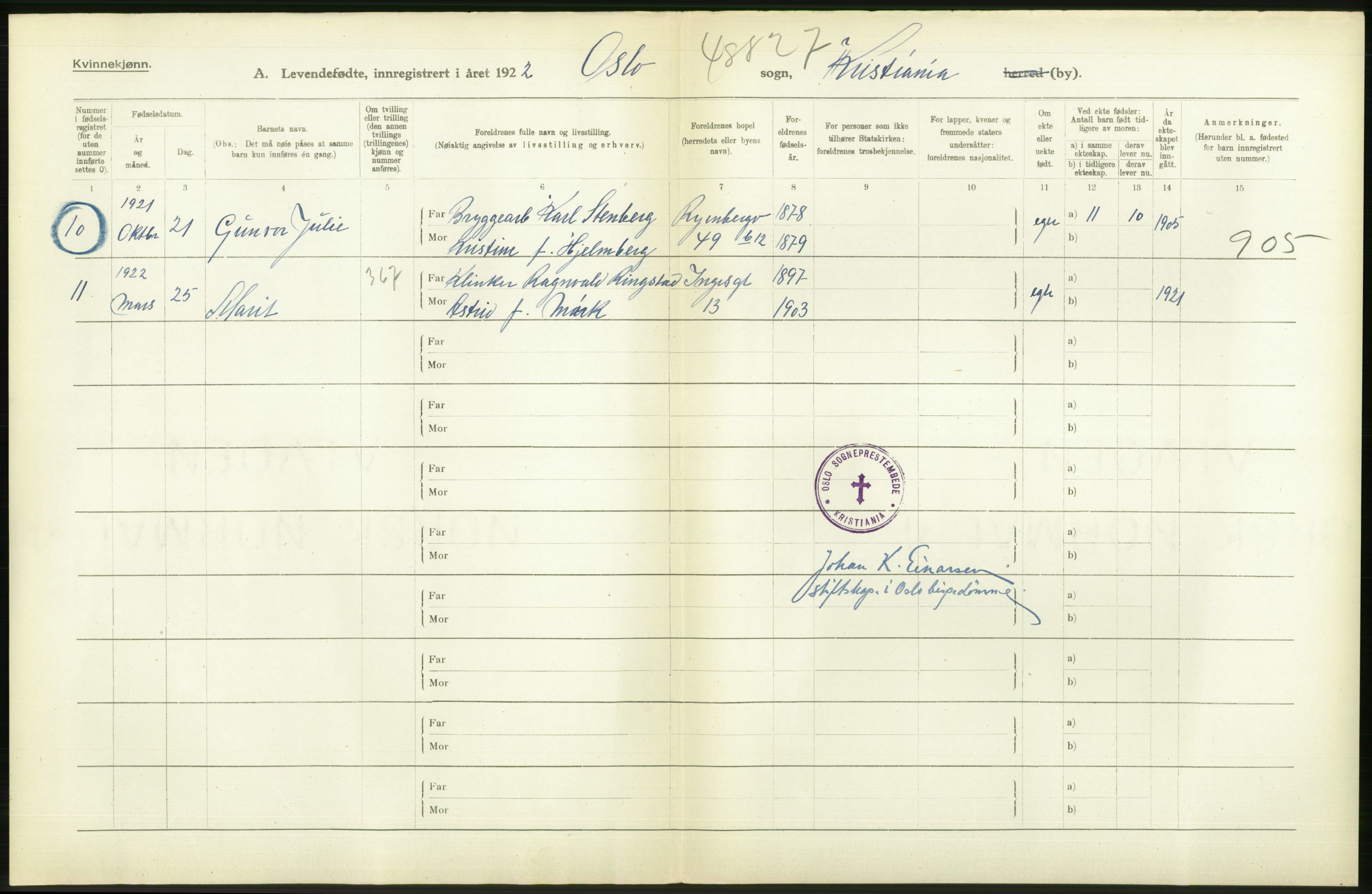 Statistisk sentralbyrå, Sosiodemografiske emner, Befolkning, AV/RA-S-2228/D/Df/Dfc/Dfcb/L0007: Kristiania: Levendefødte menn og kvinner., 1922, p. 32