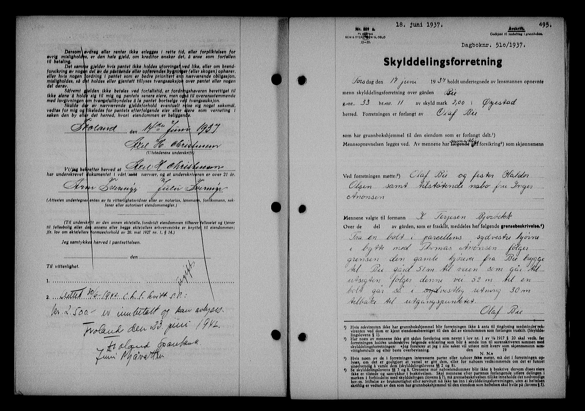 Nedenes sorenskriveri, SAK/1221-0006/G/Gb/Gba/L0043: Mortgage book no. 39, 1936-1937, Diary no: : 510/1937