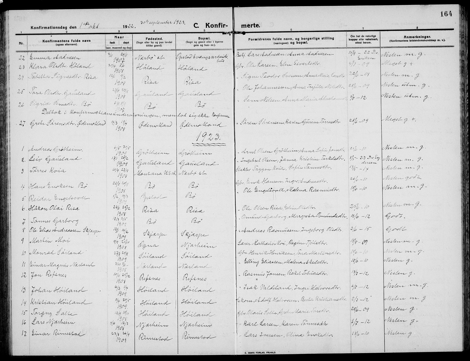 Hå sokneprestkontor, SAST/A-101801/001/30BB/L0007: Parish register (copy) no. B 7, 1912-1939, p. 164