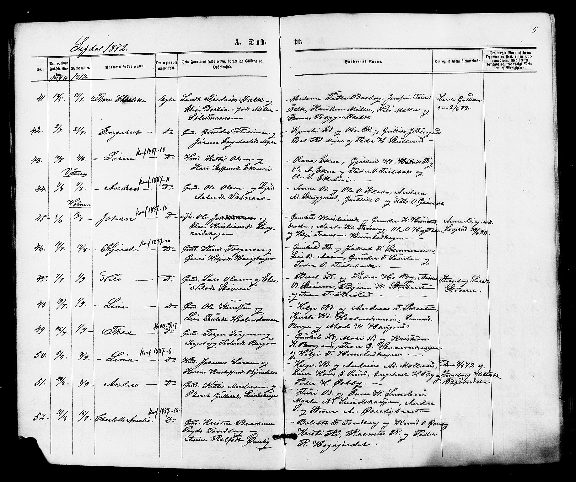 Sigdal kirkebøker, SAKO/A-245/F/Fa/L0010: Parish register (official) no. I 10 /1, 1872-1878, p. 5