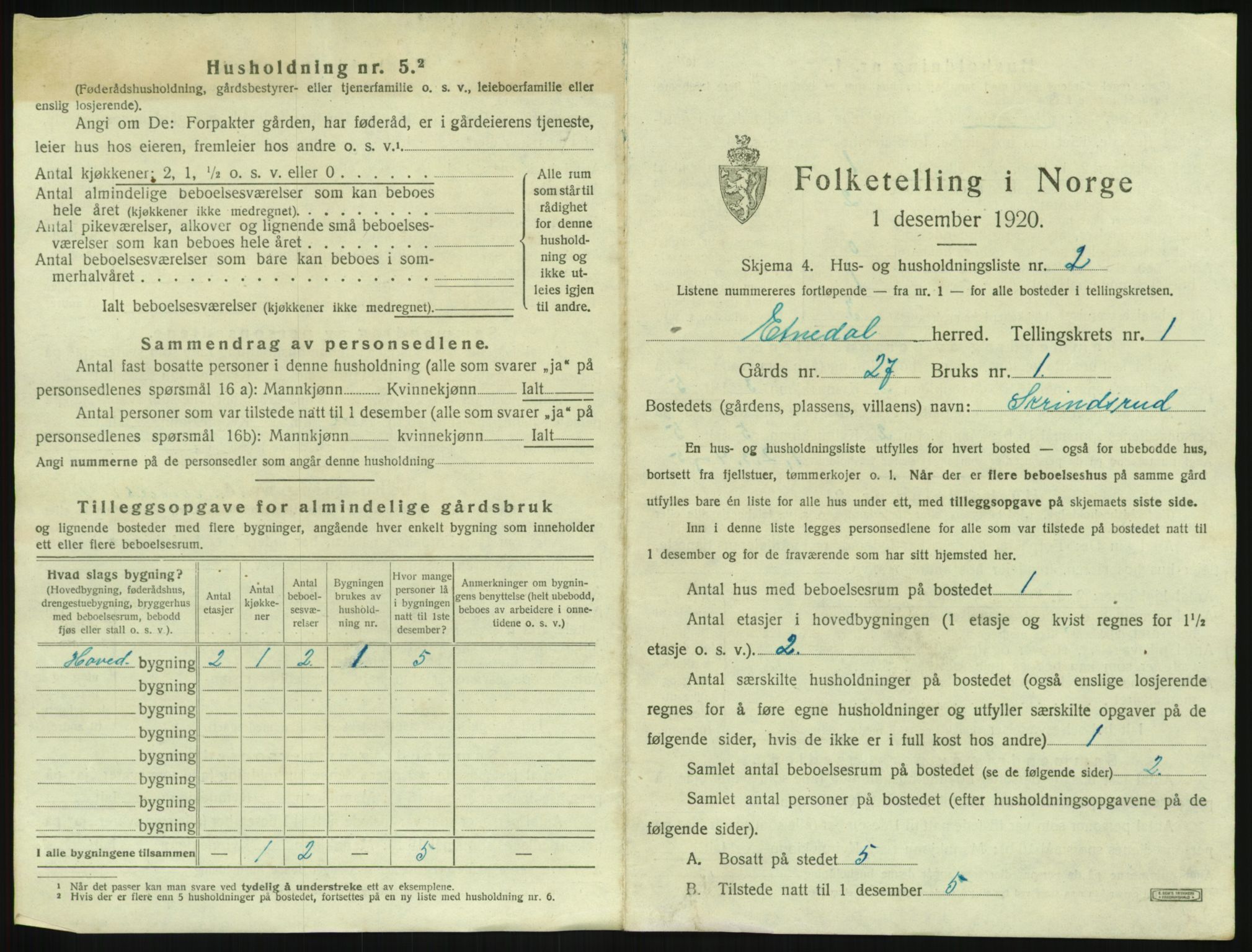 SAH, 1920 census for Etnedal, 1920, p. 46