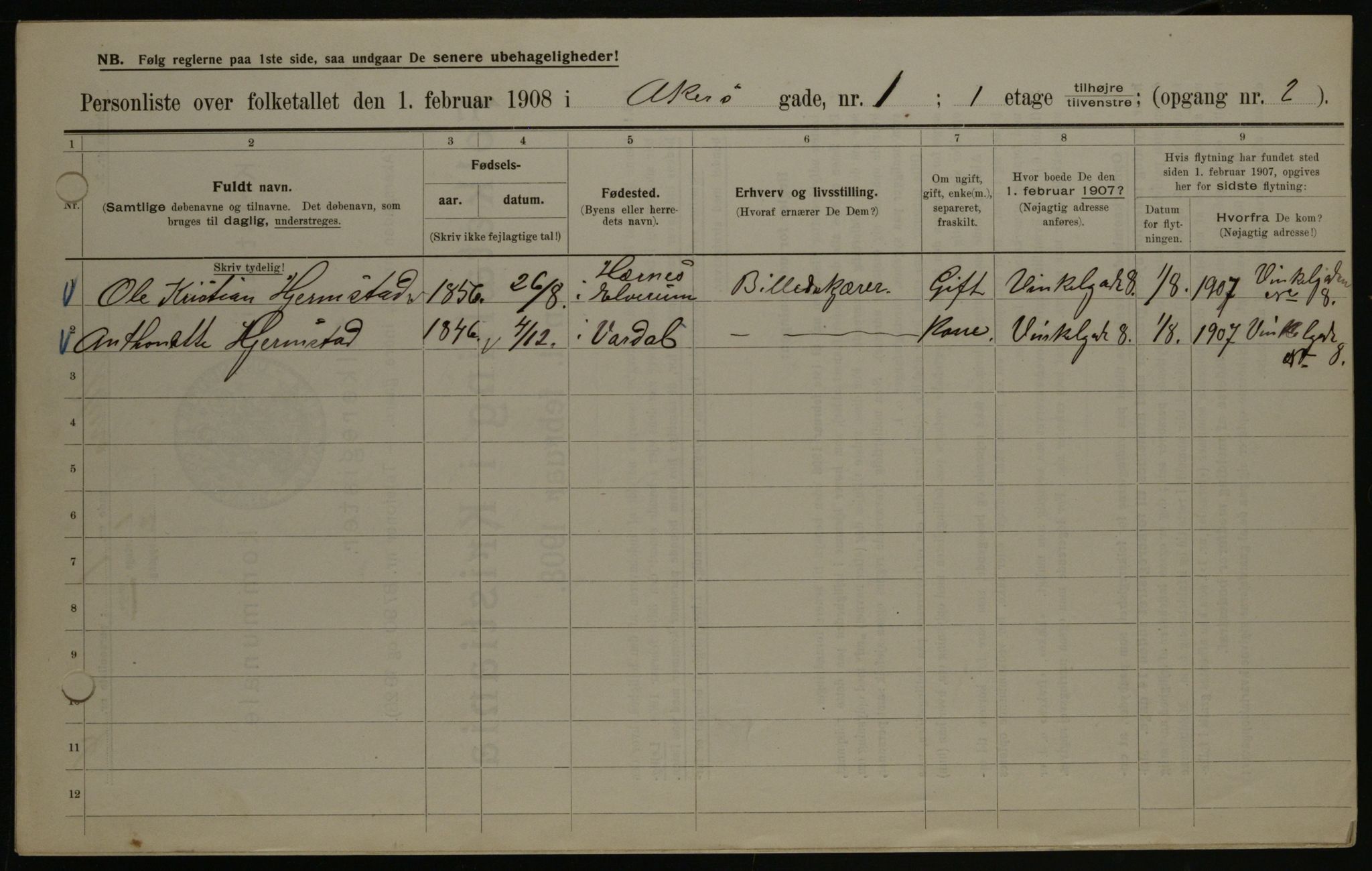 OBA, Municipal Census 1908 for Kristiania, 1908, p. 315