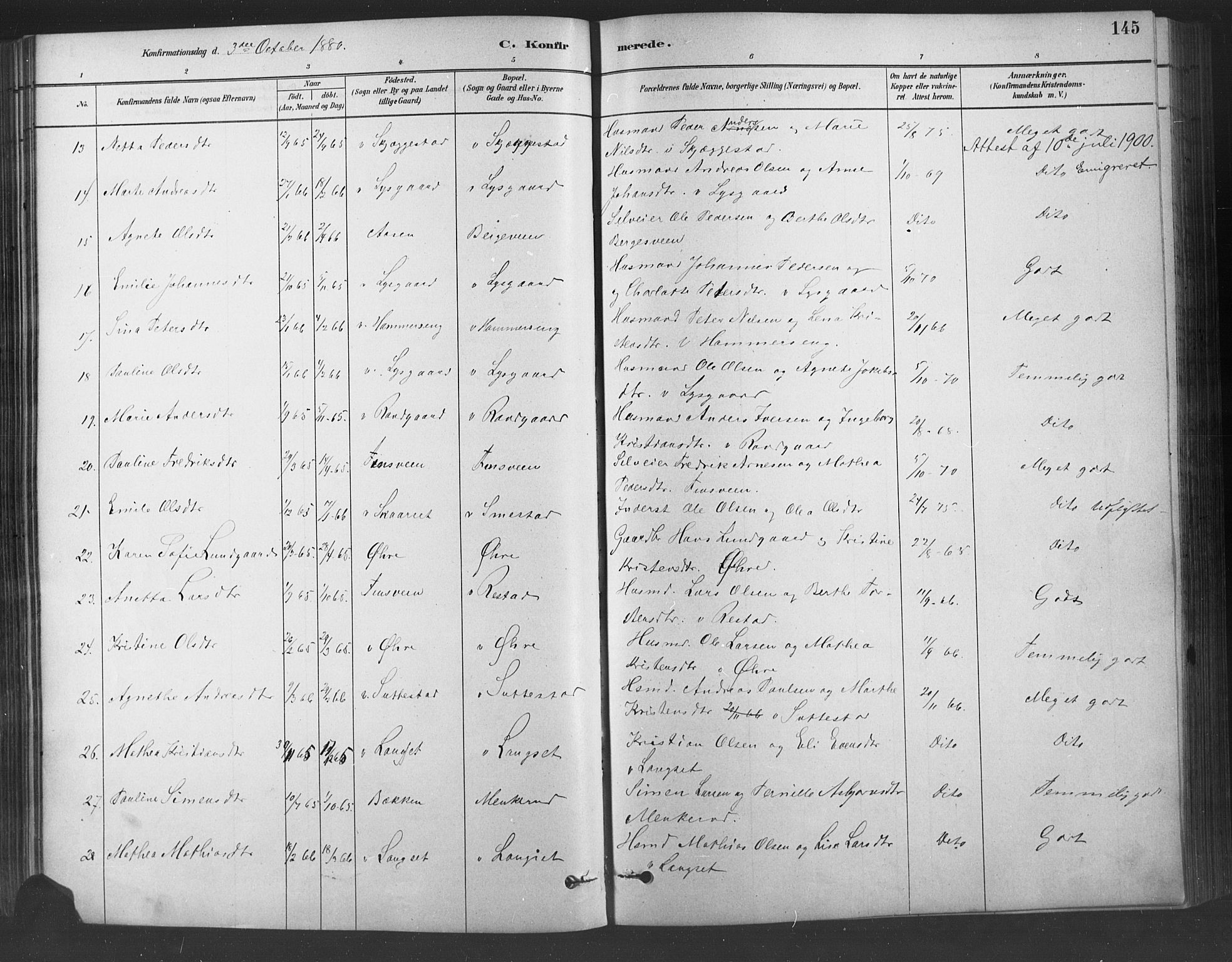 Fåberg prestekontor, SAH/PREST-086/H/Ha/Haa/L0009: Parish register (official) no. 9, 1879-1898, p. 145