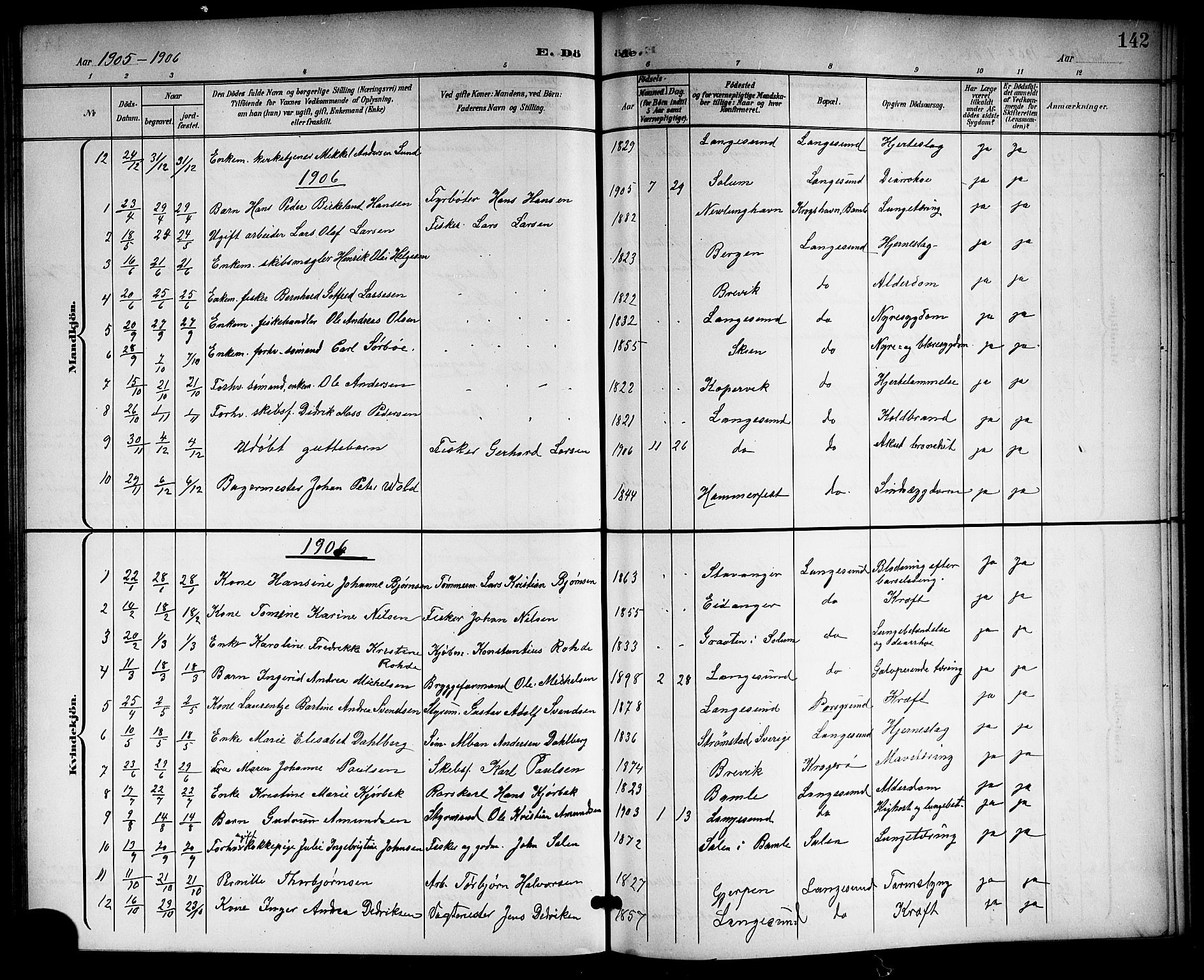 Langesund kirkebøker, SAKO/A-280/G/Ga/L0006: Parish register (copy) no. 6, 1899-1918, p. 142