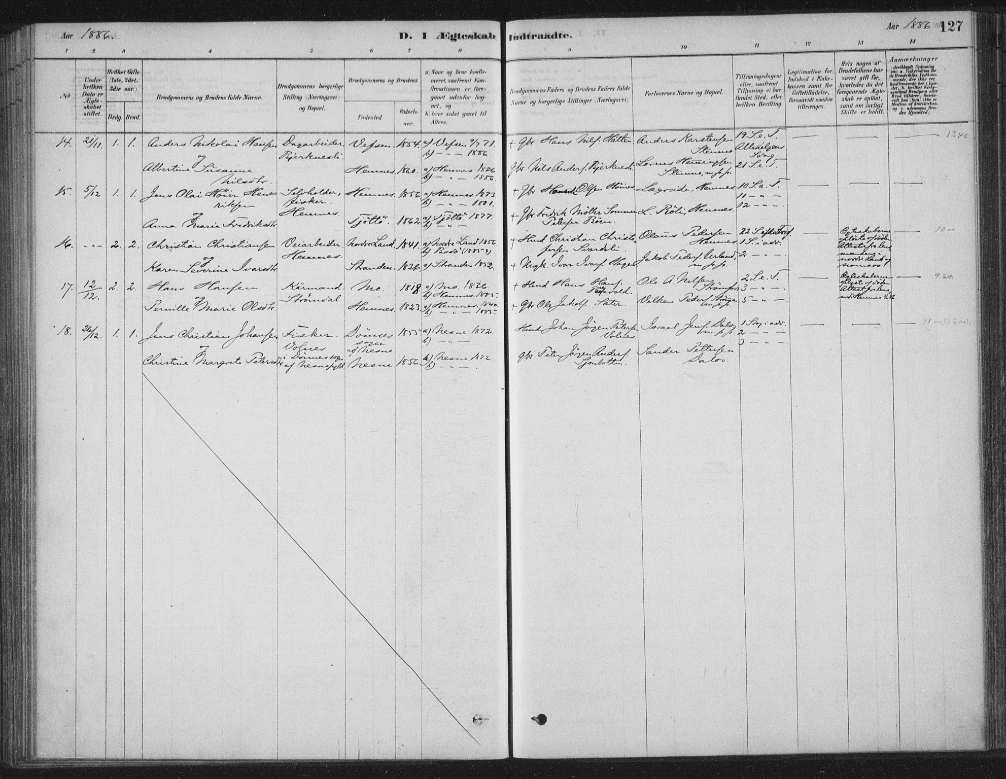 Ministerialprotokoller, klokkerbøker og fødselsregistre - Nordland, AV/SAT-A-1459/825/L0361: Parish register (official) no. 825A15, 1878-1893, p. 127