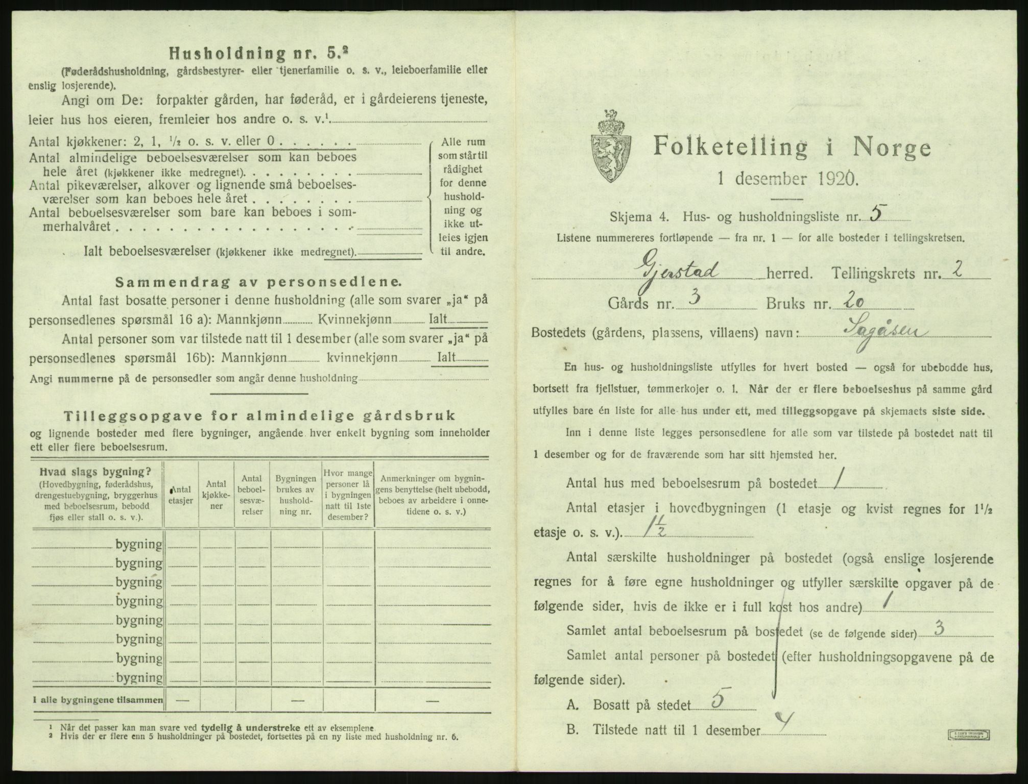 SAK, 1920 census for Gjerstad, 1920, p. 113