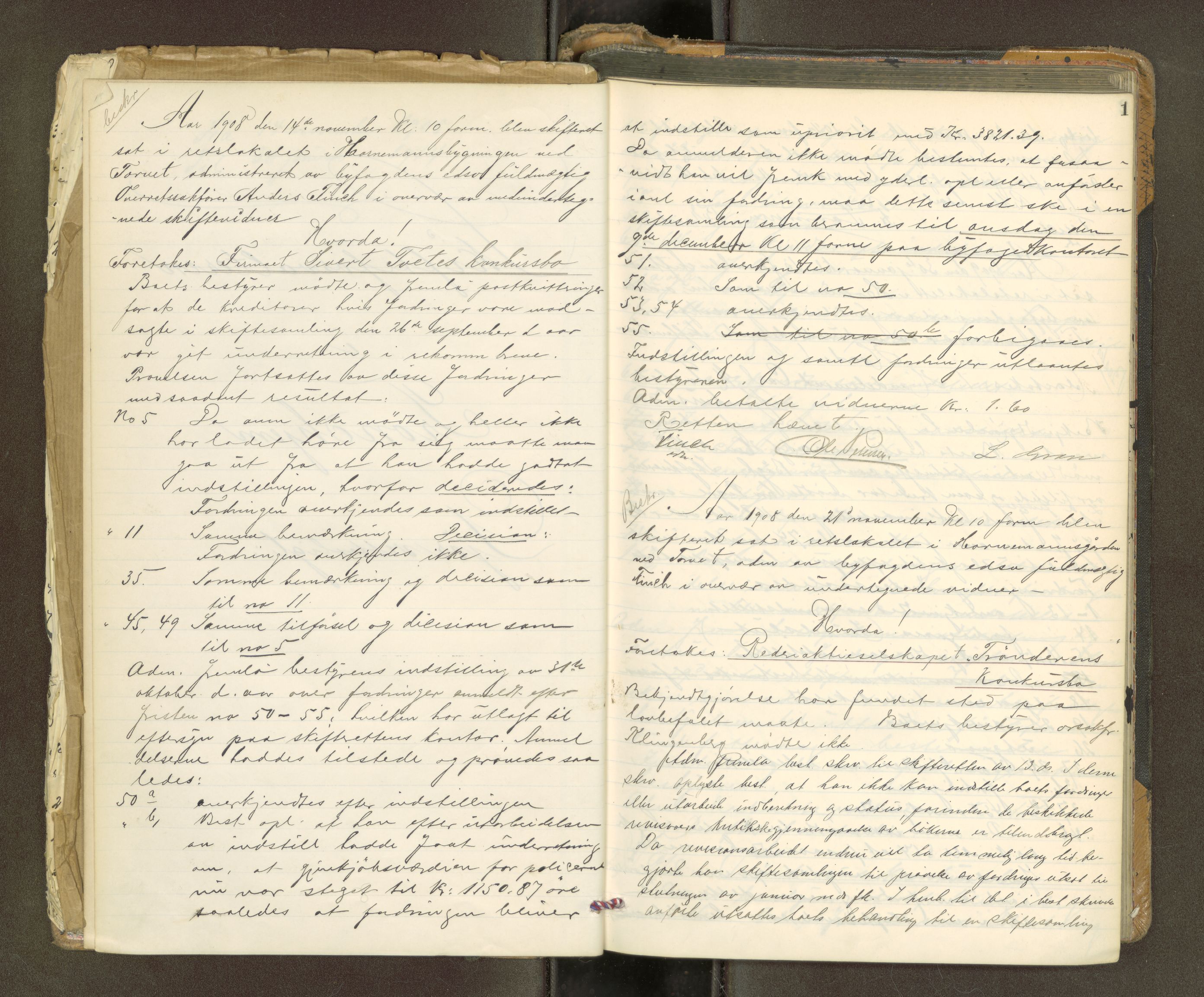 Trondheim byfogd, AV/SAT-A-0003/1/3/3B/L0018: Skiftebehandlingsprotokoll - 14/11-30/1. (u/ register) U, 1908-1914, p. 1