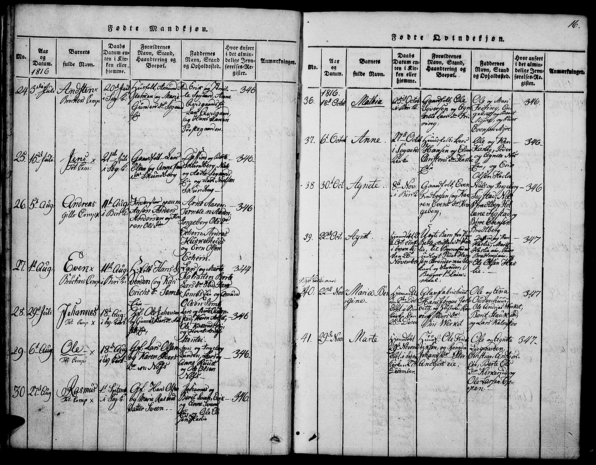 Biri prestekontor, AV/SAH-PREST-096/H/Ha/Hab/L0001: Parish register (copy) no. 1, 1814-1828, p. 16