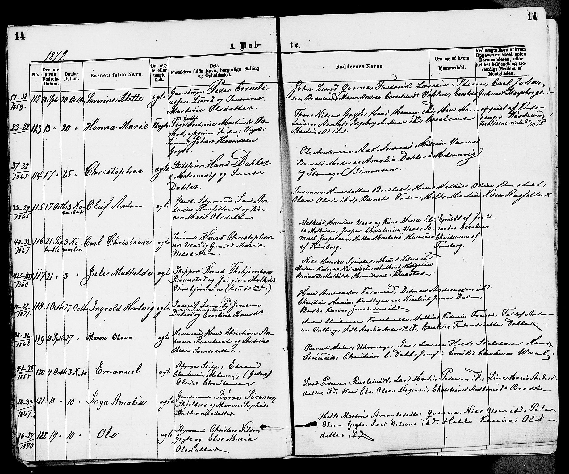 Stokke kirkebøker, SAKO/A-320/F/Fa/L0009: Parish register (official) no. I 9, 1872-1883, p. 14