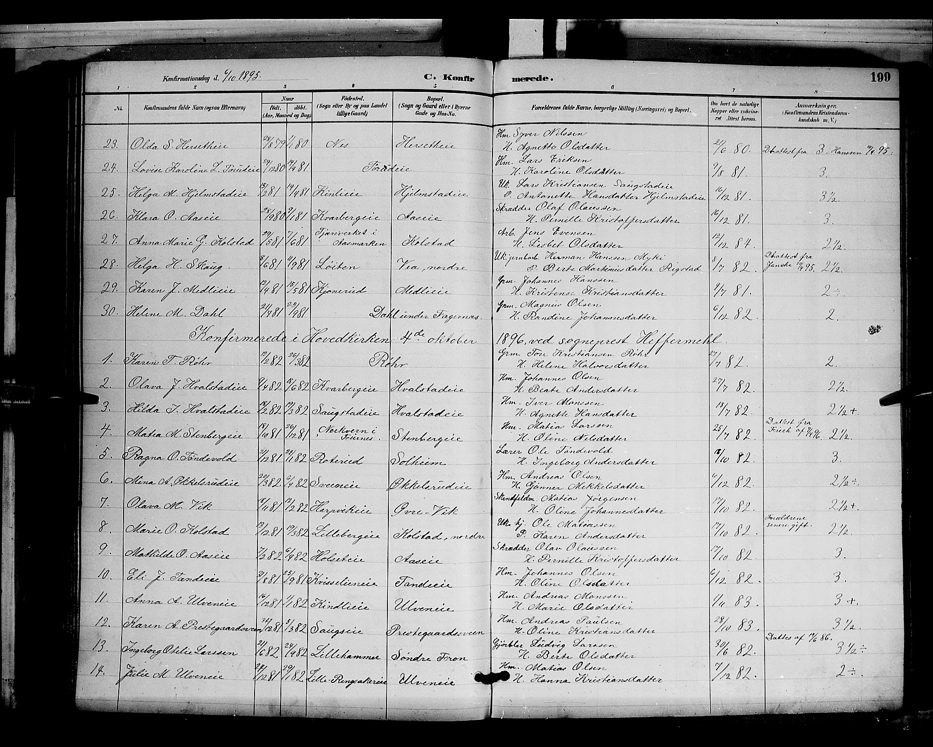 Ringsaker prestekontor, SAH/PREST-014/L/La/L0012: Parish register (copy) no. 12, 1891-1902, p. 199