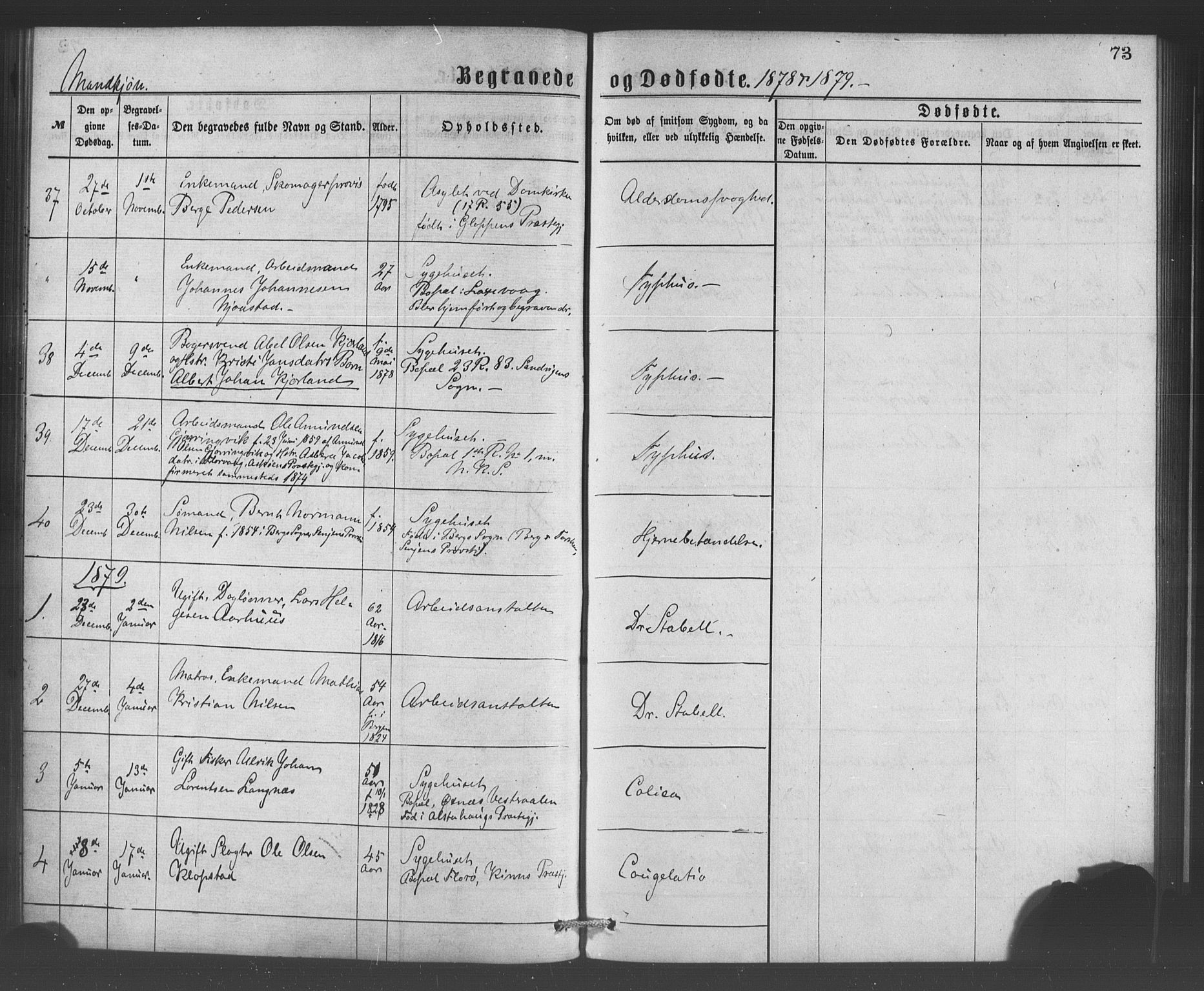 Bergen kommunale pleiehjem - stiftelsespresten, SAB/A-100281: Parish register (official) no. A 1, 1874-1886, p. 73