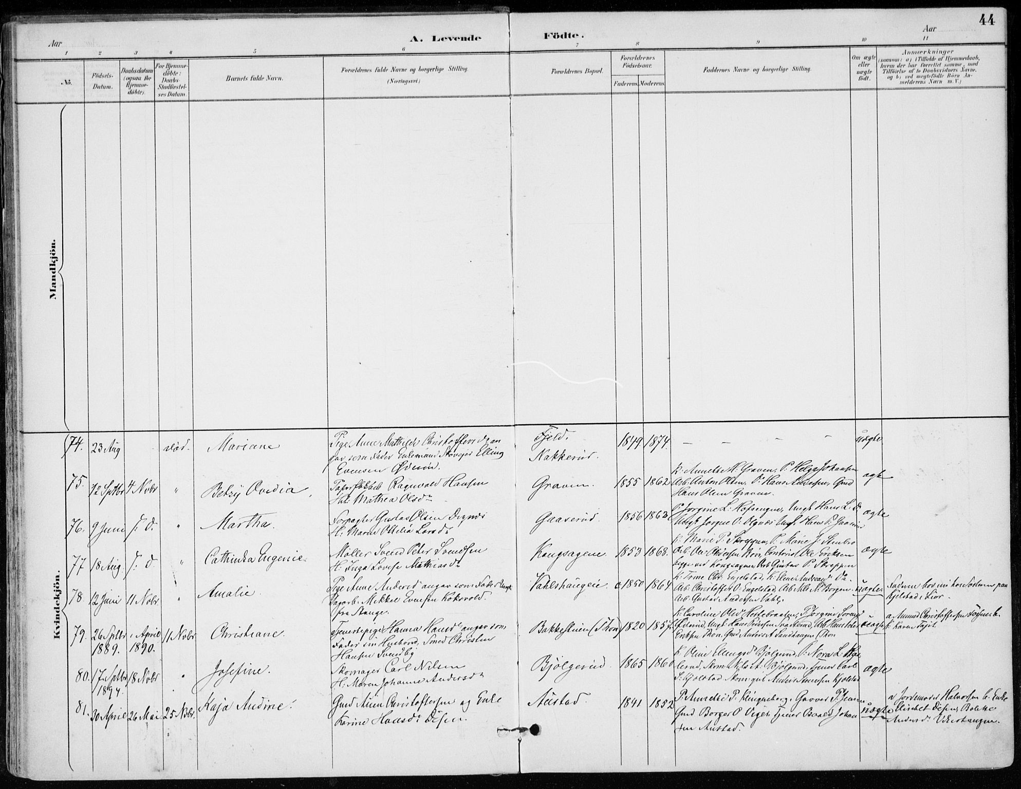 Modum kirkebøker, AV/SAKO-A-234/F/Fa/L0012: Parish register (official) no. 12, 1890-1898, p. 44