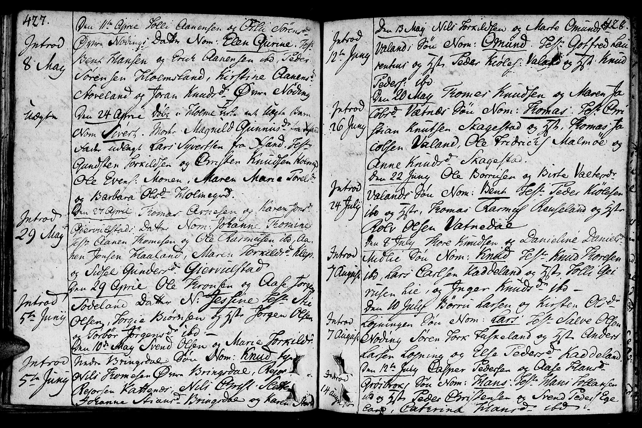 Holum sokneprestkontor, SAK/1111-0022/F/Fa/Faa/L0003: Parish register (official) no. A 3, 1780-1821, p. 427-428