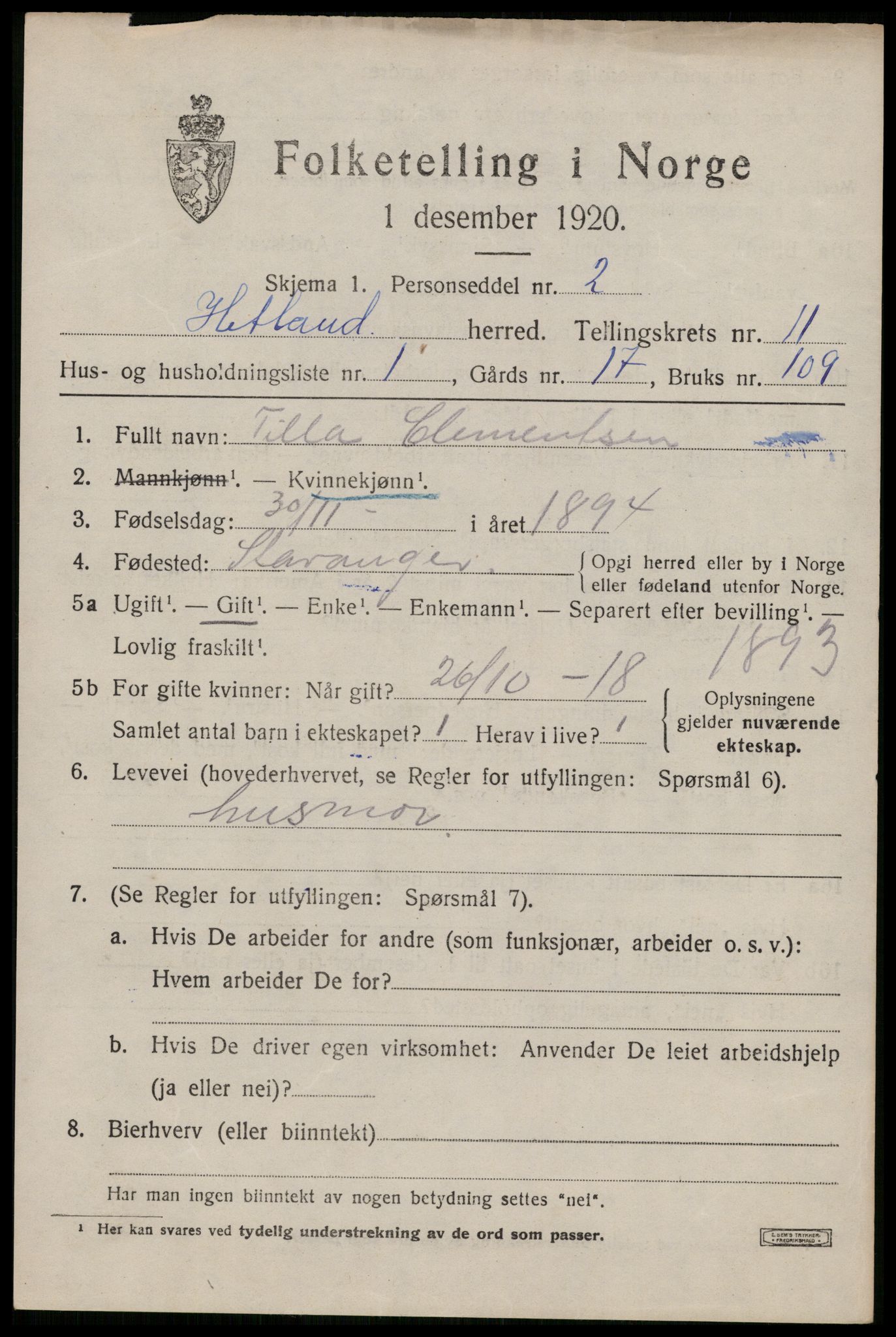 SAST, 1920 census for Hetland, 1920, p. 19941