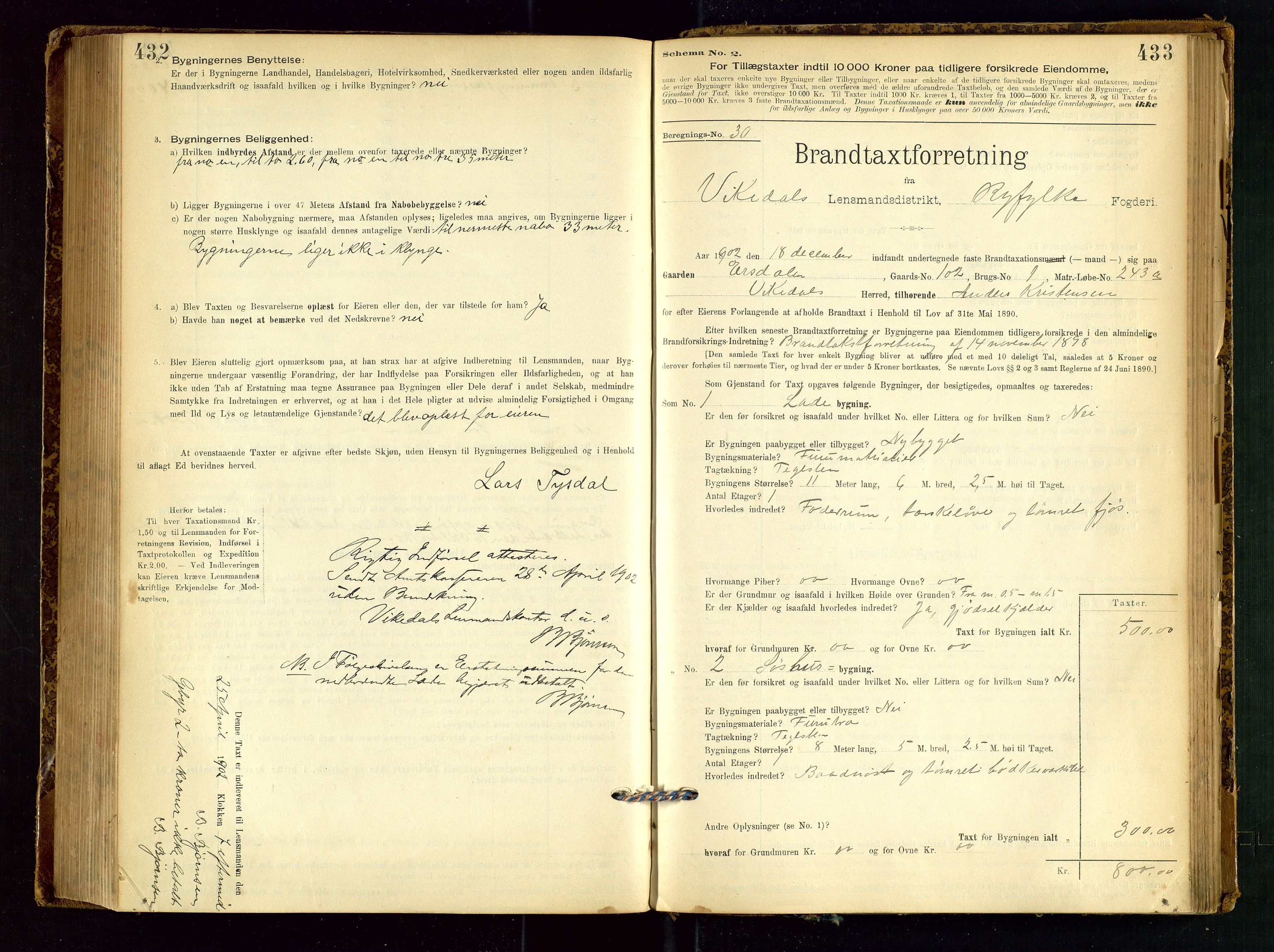 Vikedal lensmannskontor, SAST/A-100179/Gob/L0004: Branntakstprotokoll, 1894-1952, p. 432-433