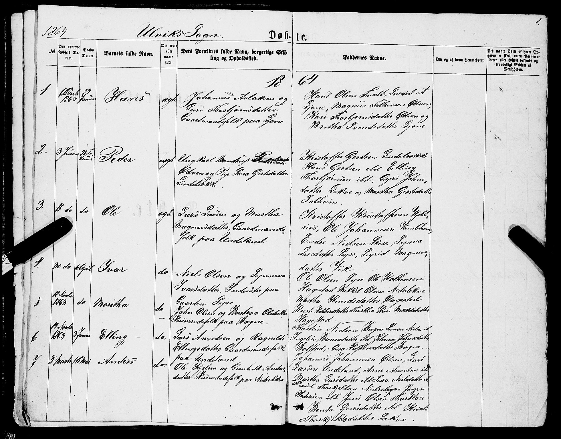 Ulvik sokneprestembete, SAB/A-78801/H/Haa: Parish register (official) no. A 15, 1864-1878, p. 1