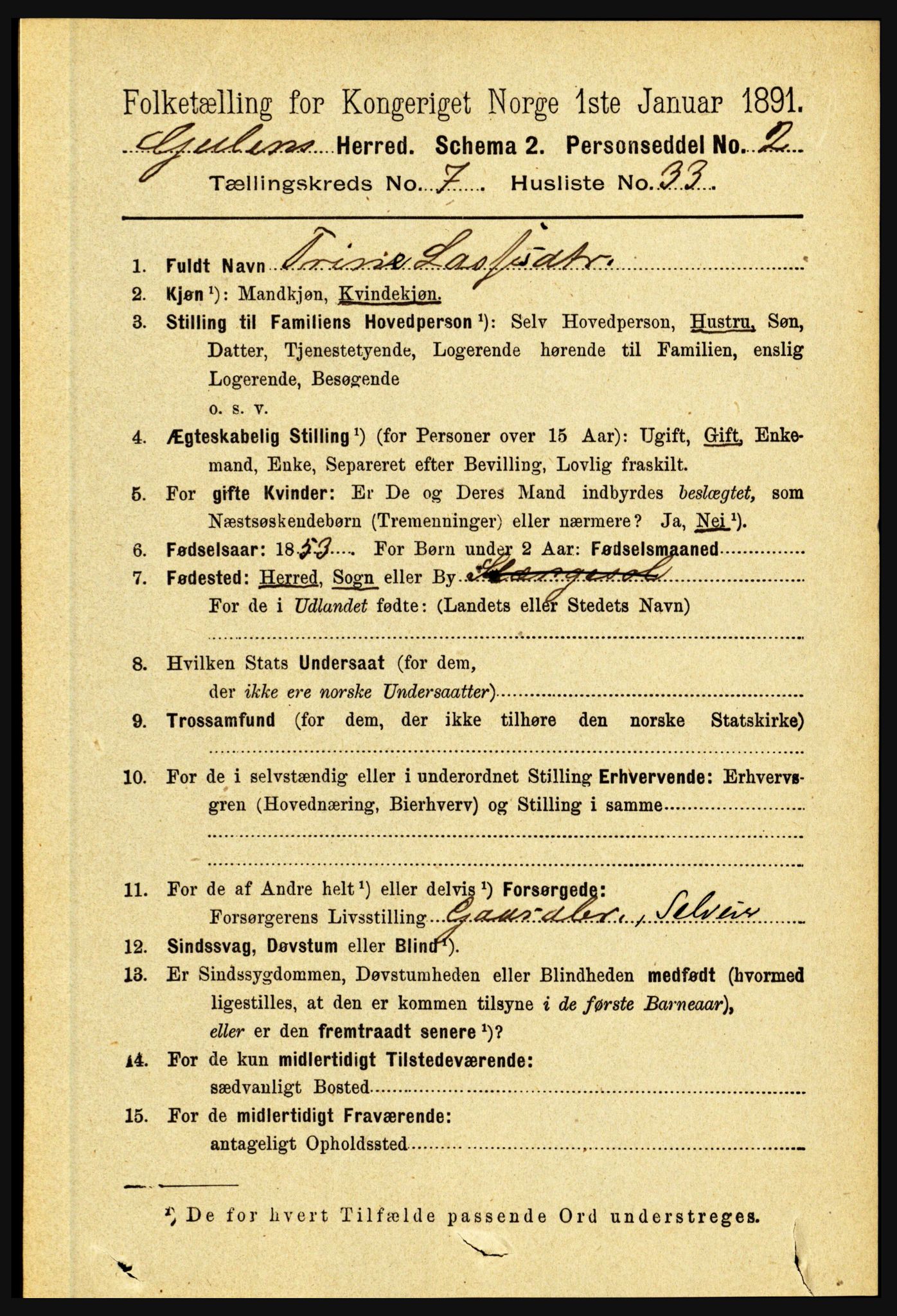 RA, 1891 census for 1411 Gulen, 1891, p. 2398