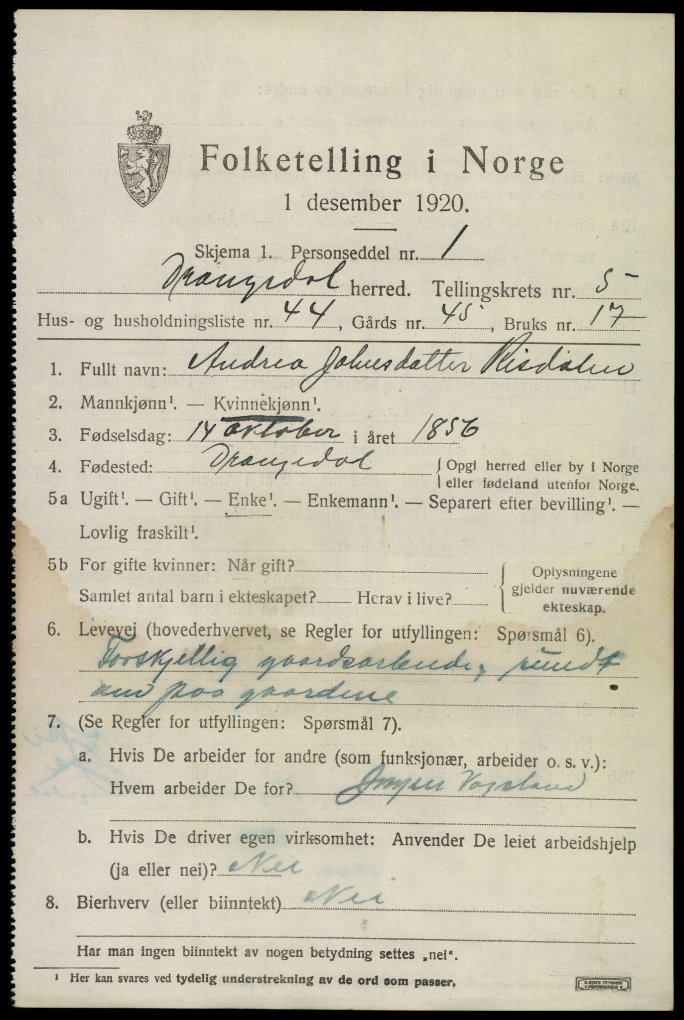 SAKO, 1920 census for Drangedal, 1920, p. 4225