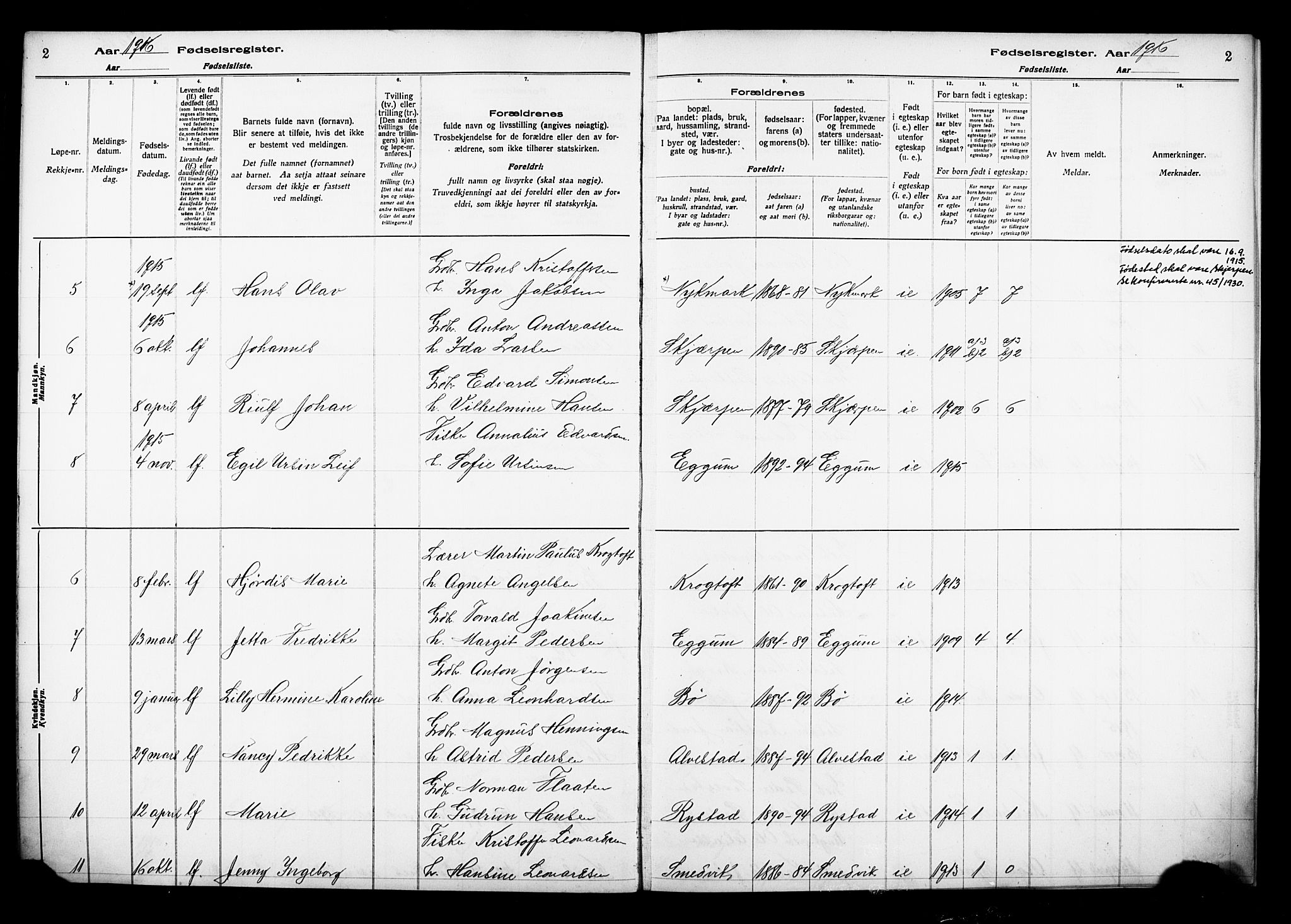 Ministerialprotokoller, klokkerbøker og fødselsregistre - Nordland, AV/SAT-A-1459/880/L1145: Birth register no. 880.II.4.1, 1916-1929, p. 2