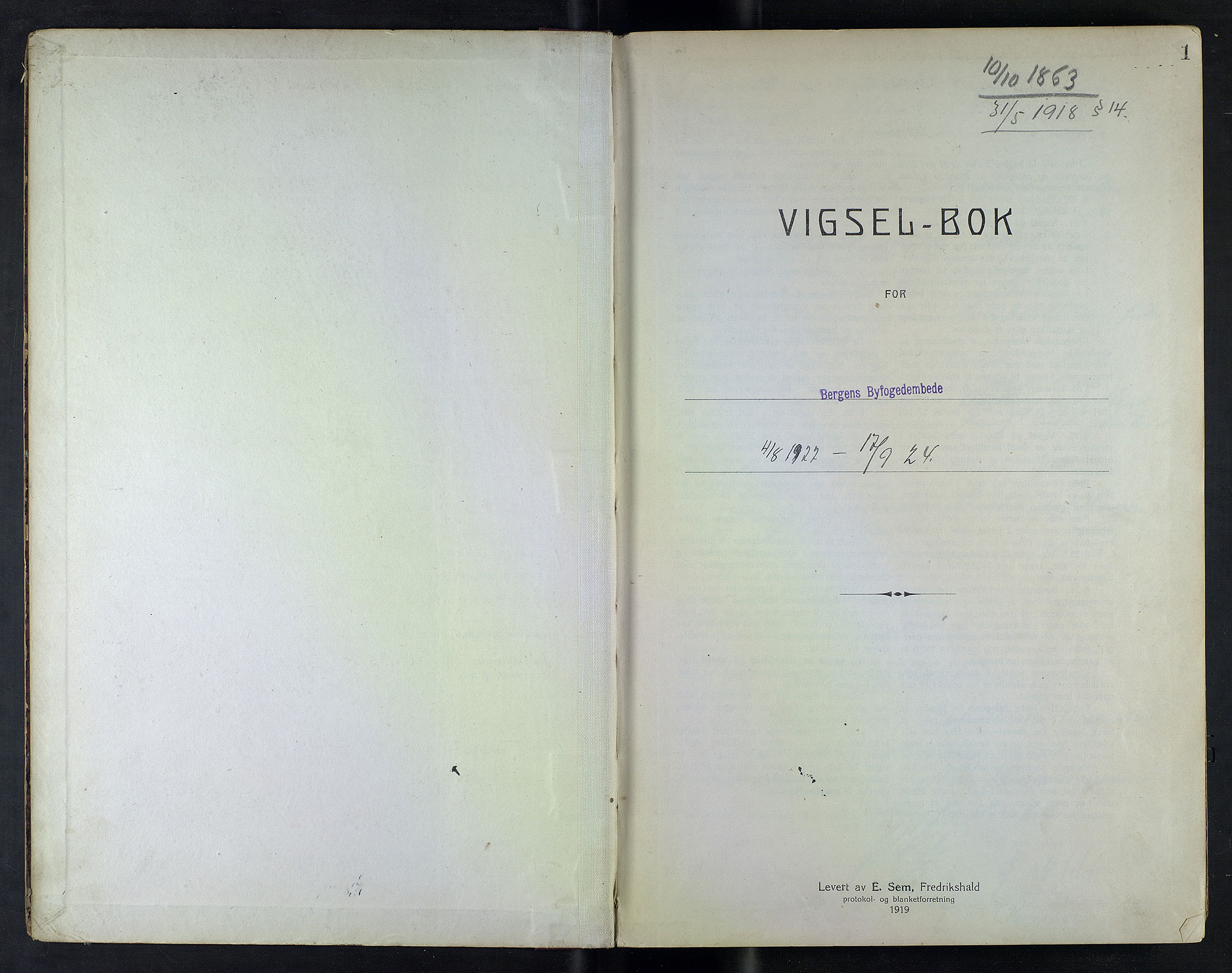 Byfogd og Byskriver i Bergen, SAB/A-3401/10/10F/L0002: Vielsesprotokoller, 1922-1924, p. 1