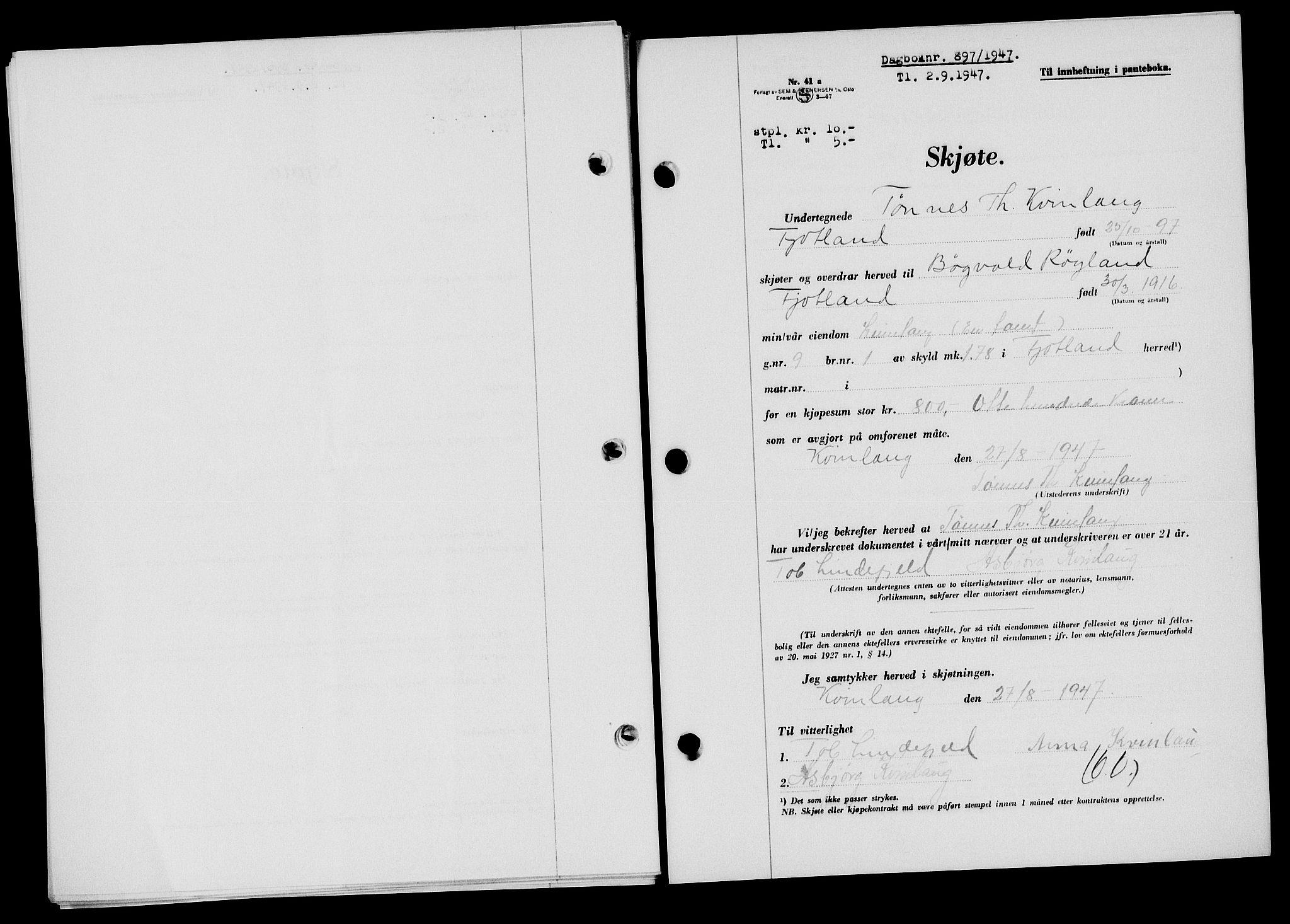 Flekkefjord sorenskriveri, SAK/1221-0001/G/Gb/Gba/L0062: Mortgage book no. A-10, 1947-1947, Diary no: : 897/1947