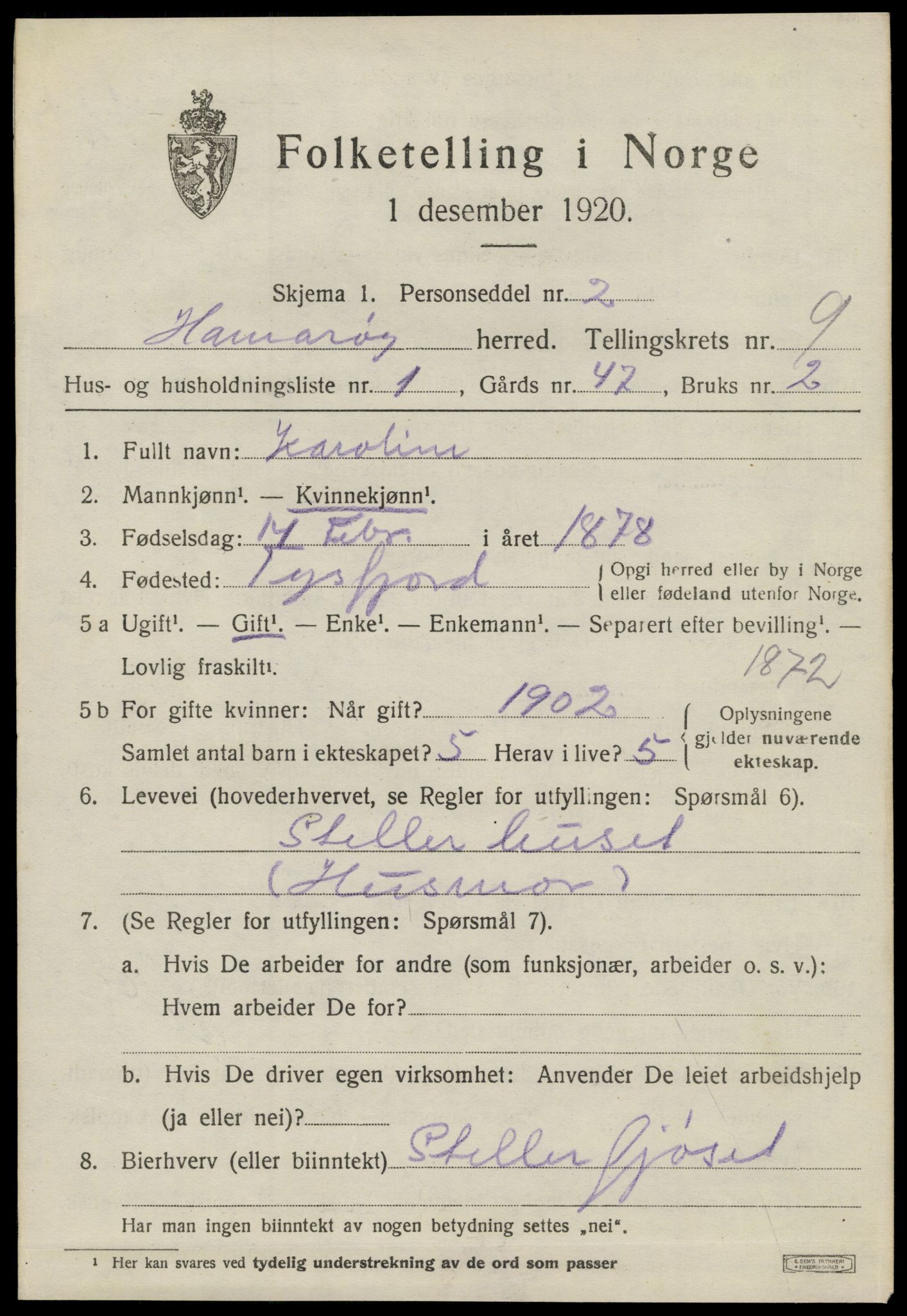 SAT, 1920 census for Hamarøy, 1920, p. 4198