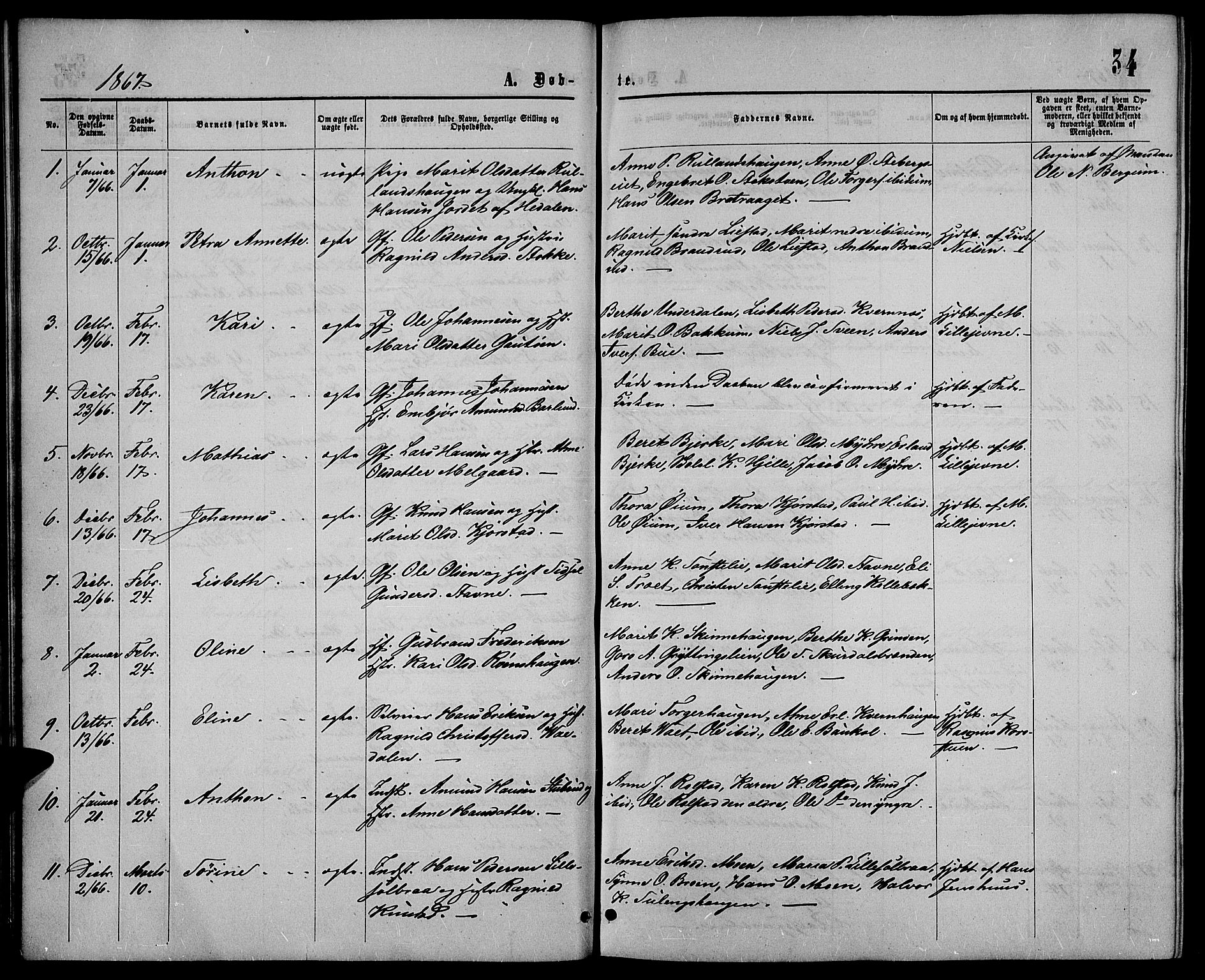 Sør-Fron prestekontor, SAH/PREST-010/H/Ha/Hab/L0002: Parish register (copy) no. 2, 1864-1883, p. 34