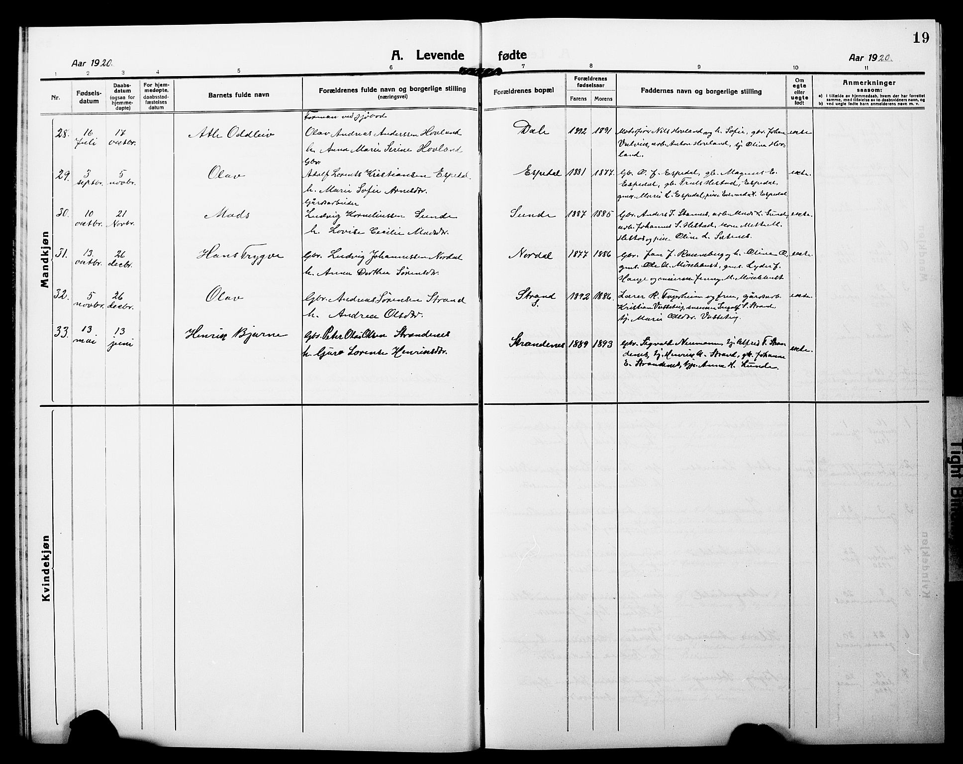 Fjaler sokneprestembete, SAB/A-79801/H/Hab/Habc/L0004: Parish register (copy) no. C 4, 1914-1927, p. 19