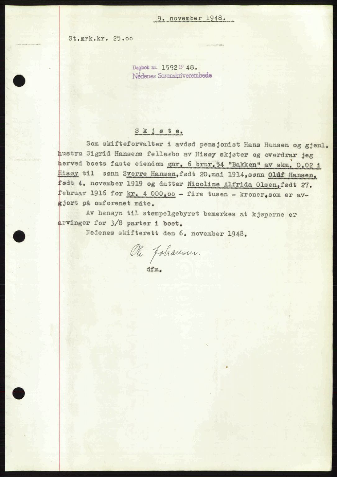 Nedenes sorenskriveri, SAK/1221-0006/G/Gb/Gba/L0059: Mortgage book no. A11, 1948-1948, Diary no: : 1592/1948