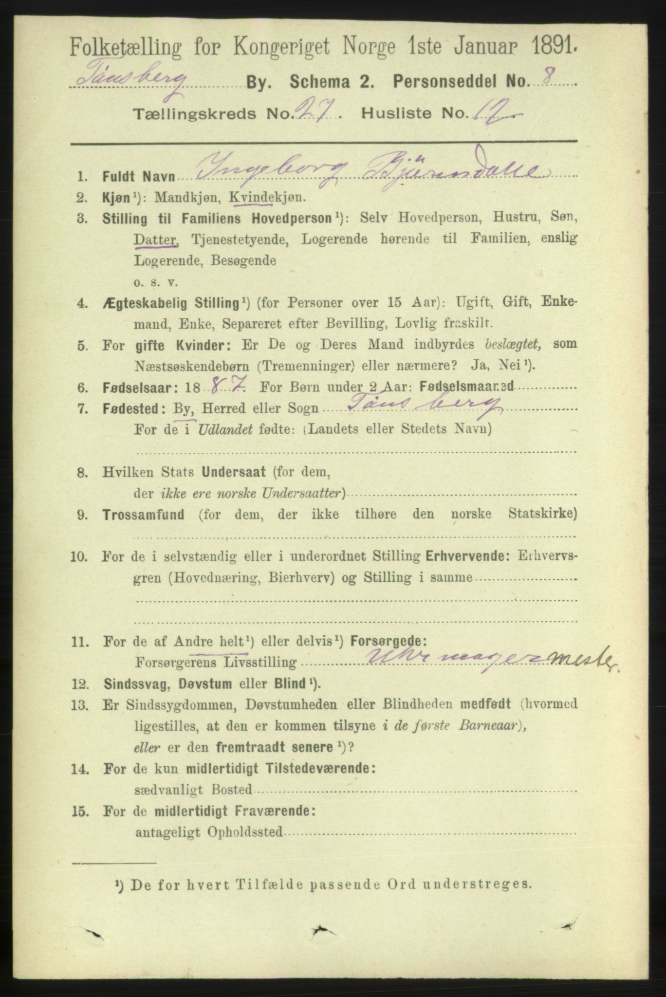 RA, 1891 census for 0705 Tønsberg, 1891, p. 6909