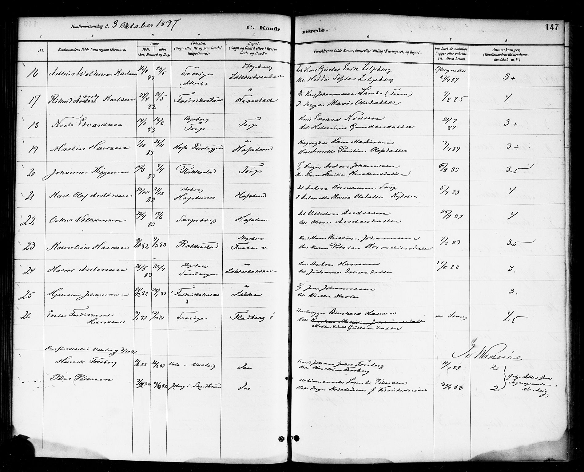 Skjeberg prestekontor Kirkebøker, SAO/A-10923/F/Fa/L0009: Parish register (official) no. I 9, 1886-1897, p. 147