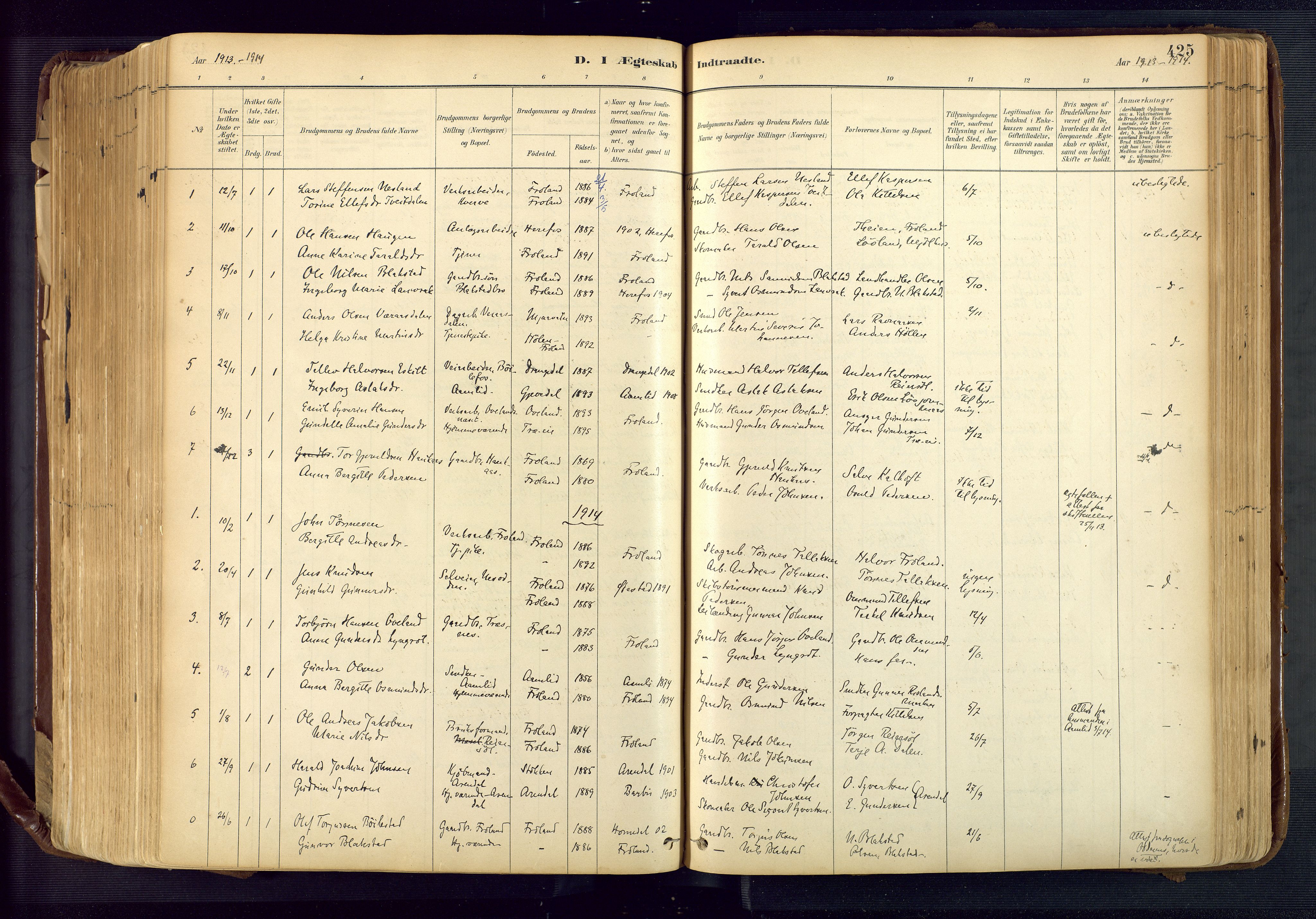 Froland sokneprestkontor, SAK/1111-0013/F/Fa/L0005: Parish register (official) no. A 5, 1882-1921, p. 425