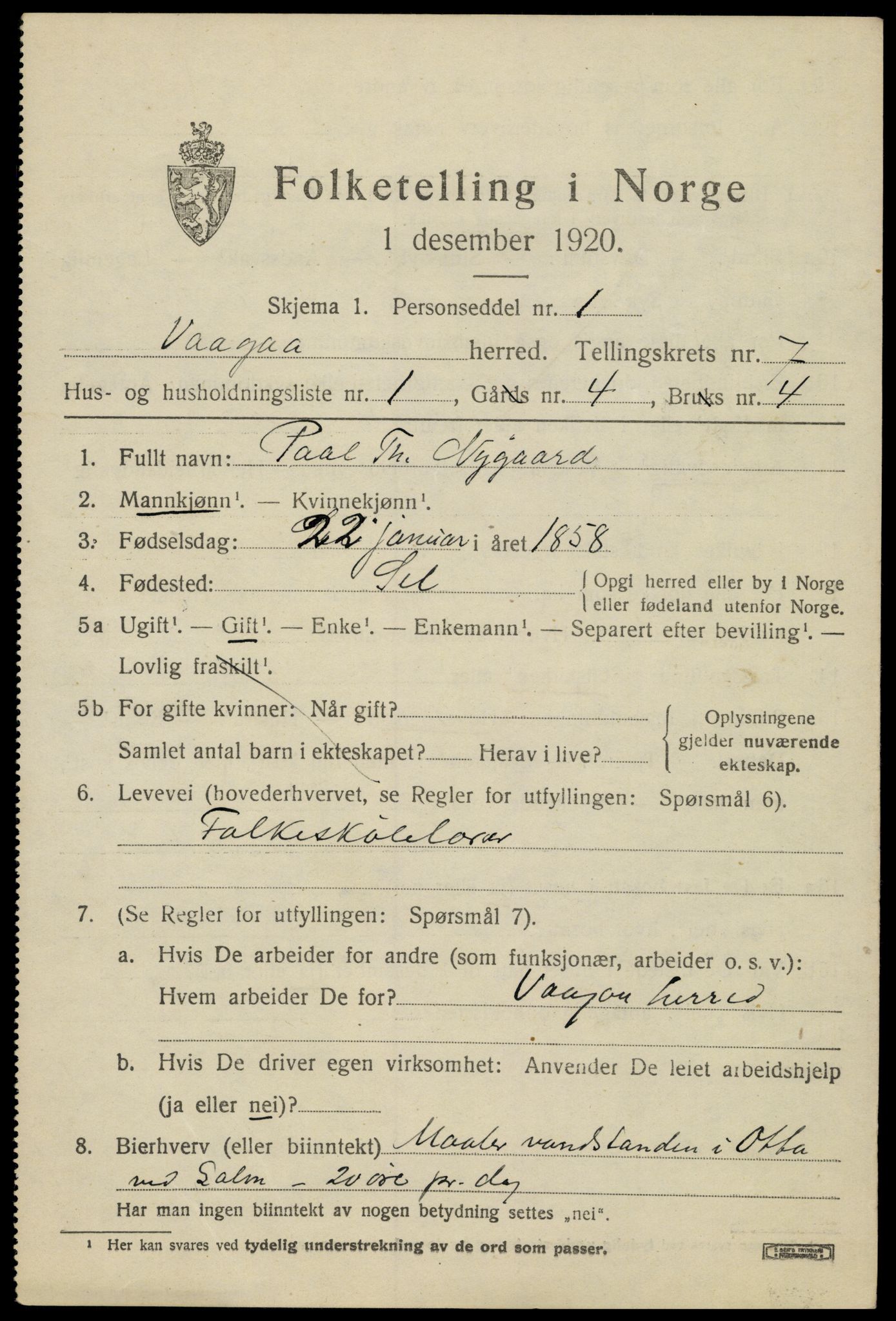 SAH, 1920 census for Vågå, 1920, p. 5298