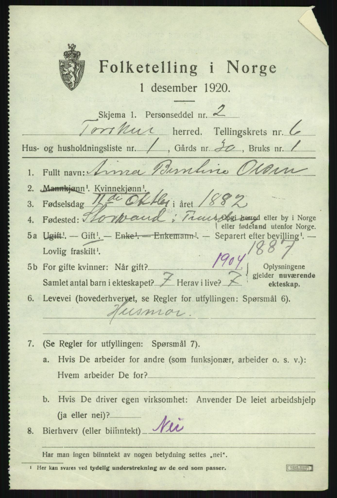 SATØ, 1920 census for Torsken, 1920, p. 2381