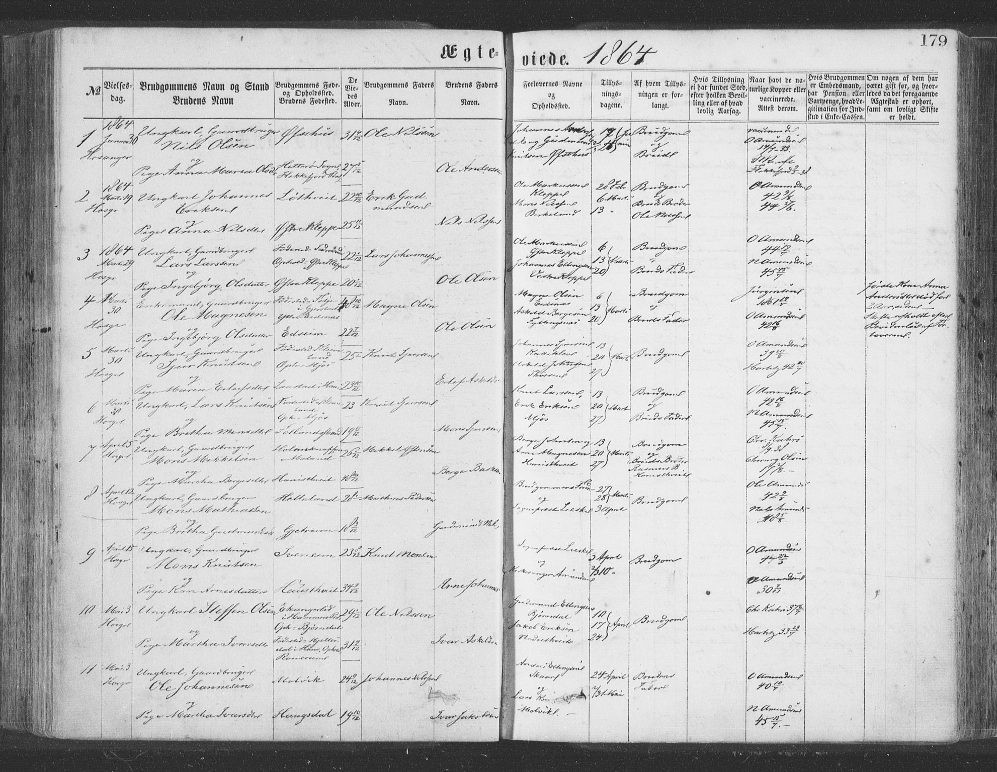 Hosanger sokneprestembete, AV/SAB-A-75801/H/Haa: Parish register (official) no. A 9, 1864-1876, p. 179