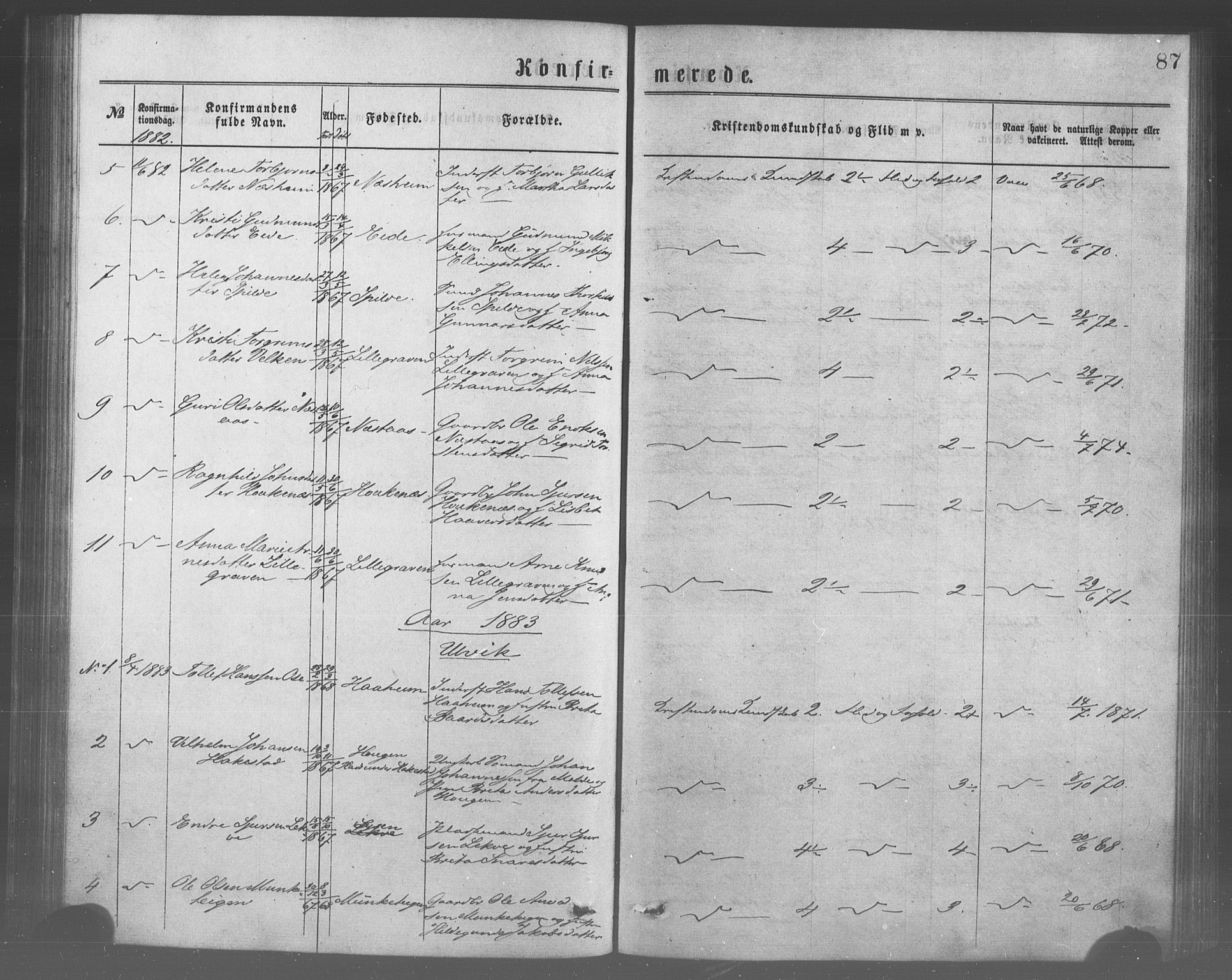 Ulvik sokneprestembete, SAB/A-78801/H/Haa: Parish register (official) no. A 17, 1873-1891, p. 87