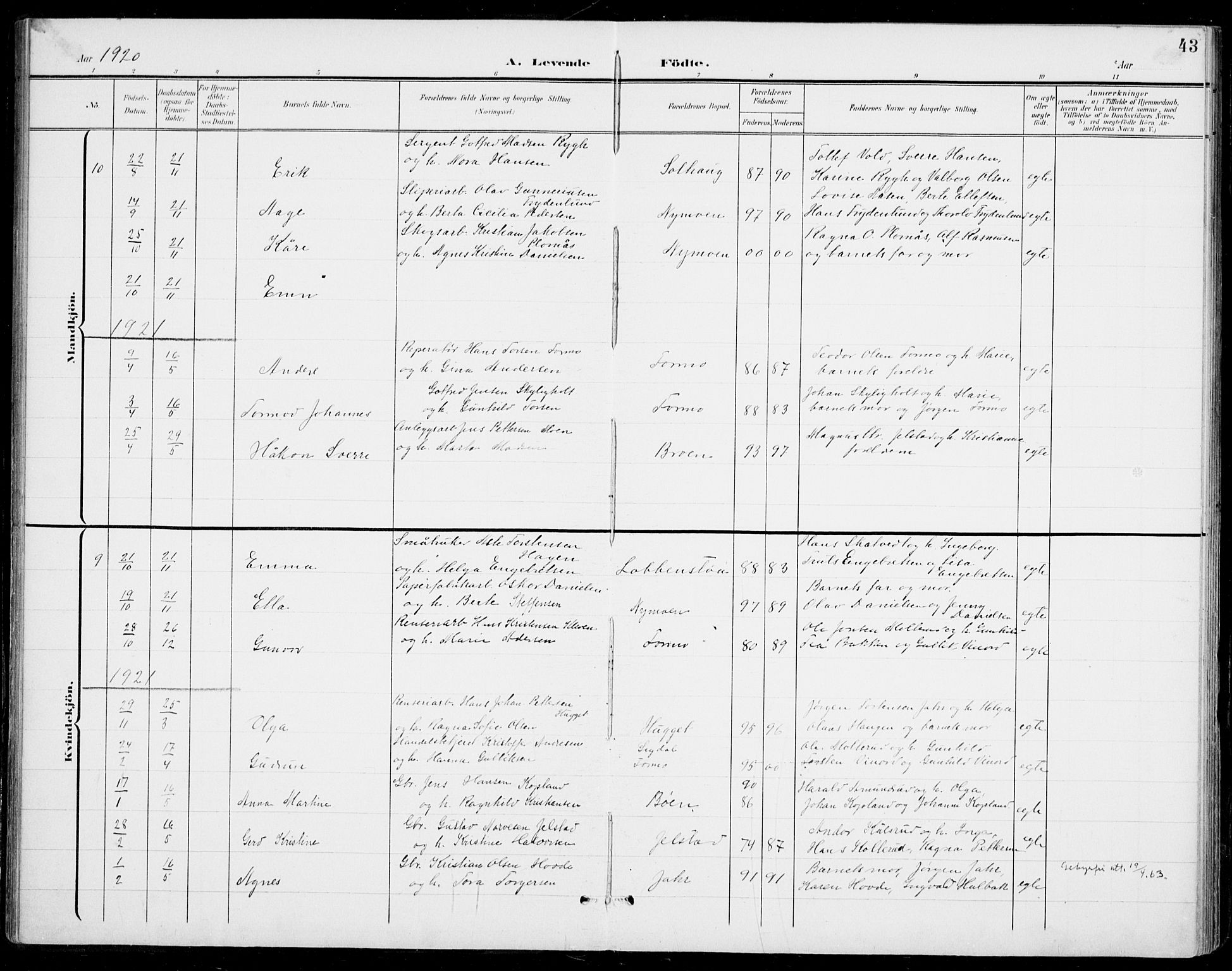 Modum kirkebøker, AV/SAKO-A-234/G/Gb/L0001: Parish register (copy) no. II 1, 1901-1942, p. 43