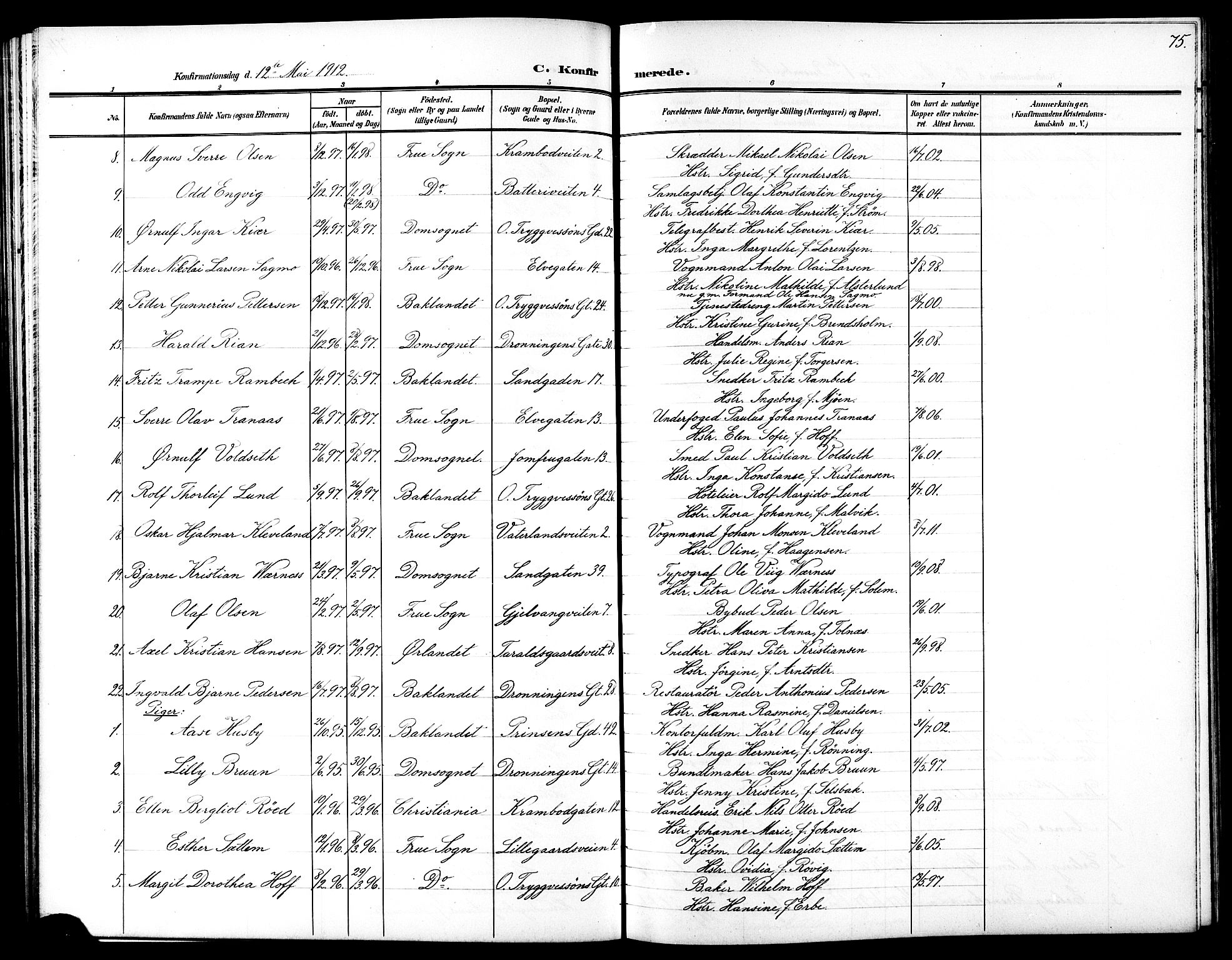 Ministerialprotokoller, klokkerbøker og fødselsregistre - Sør-Trøndelag, SAT/A-1456/602/L0146: Parish register (copy) no. 602C14, 1904-1914, p. 75