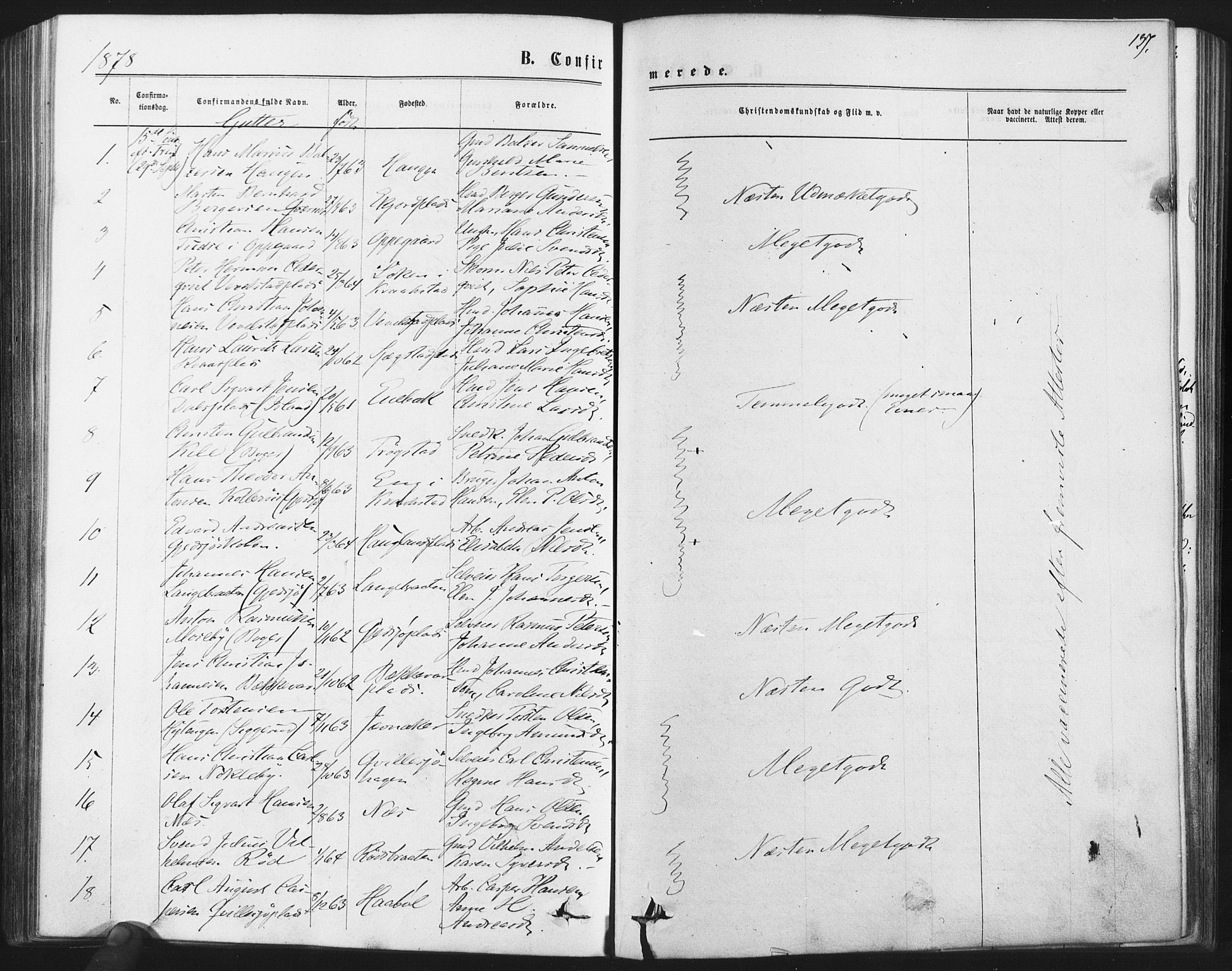 Kråkstad prestekontor Kirkebøker, SAO/A-10125a/F/Fa/L0008: Parish register (official) no. I 8, 1870-1879, p. 137