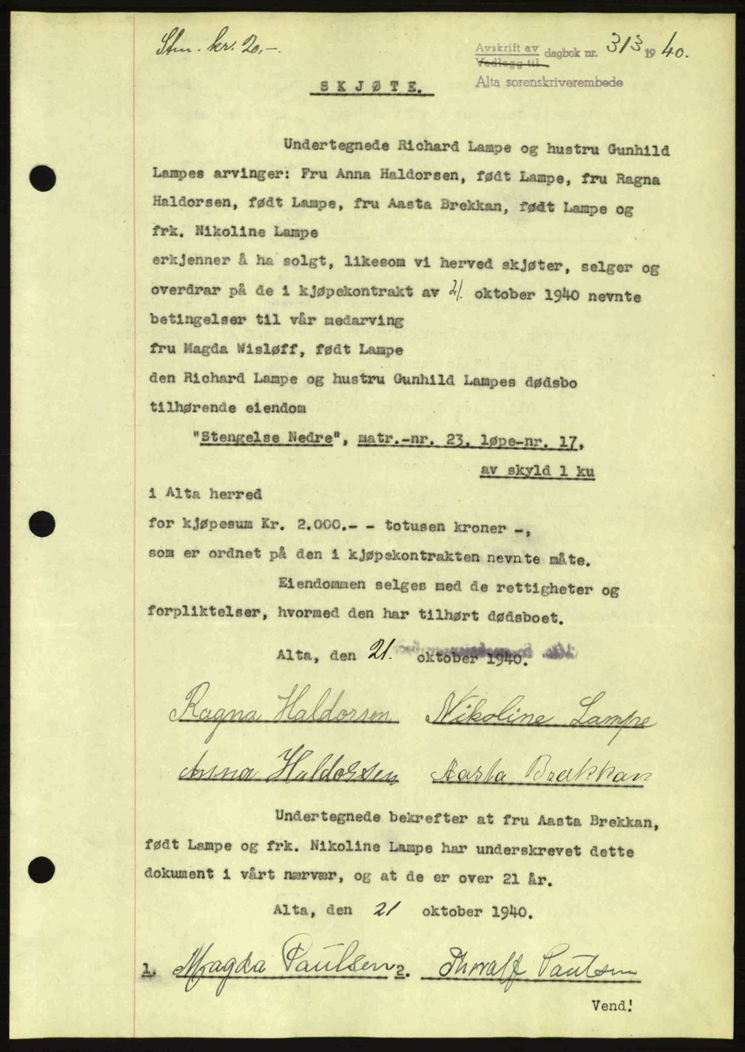 Alta fogderi/sorenskriveri, SATØ/SATØ-5/1/K/Kd/L0033pantebok: Mortgage book no. 33, 1940-1943, Diary no: : 313/1940