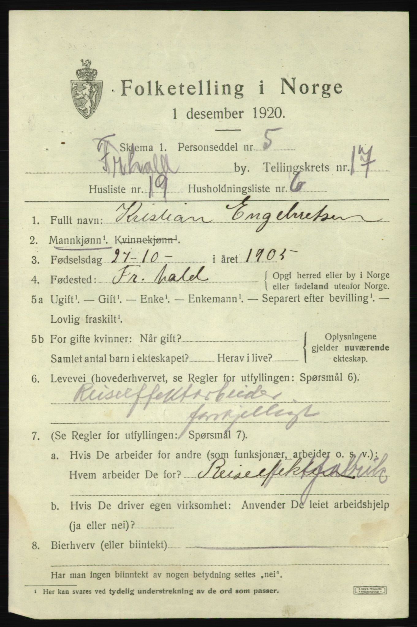 SAO, 1920 census for Fredrikshald, 1920, p. 26300
