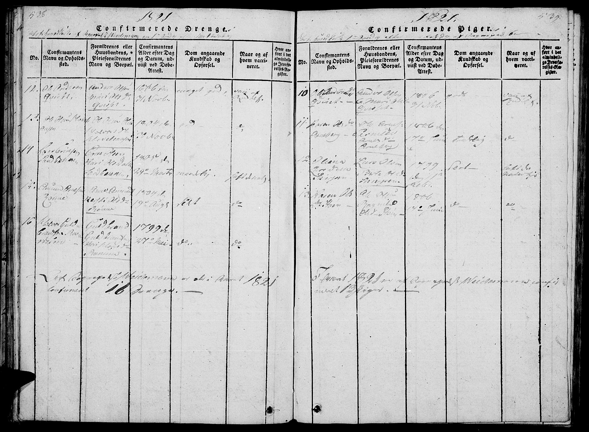 Hof prestekontor, AV/SAH-PREST-038/H/Ha/Haa/L0005: Parish register (official) no. 5, 1816-1822, p. 538-539