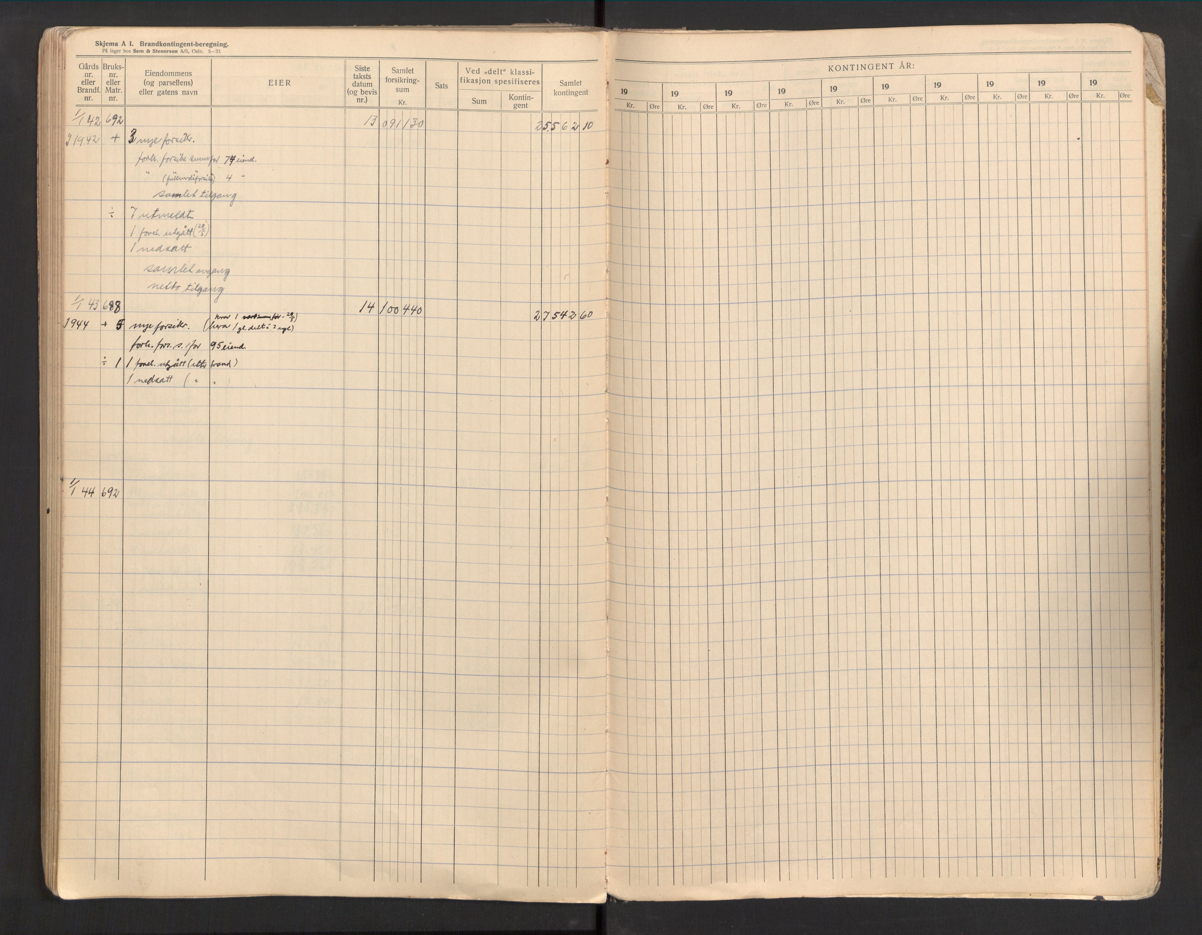 Tjølling lensmannskontor, AV/SAKO-A-16/Y/Yb/Ybb/L0007: Branntakstprotokoll, 1934-1943