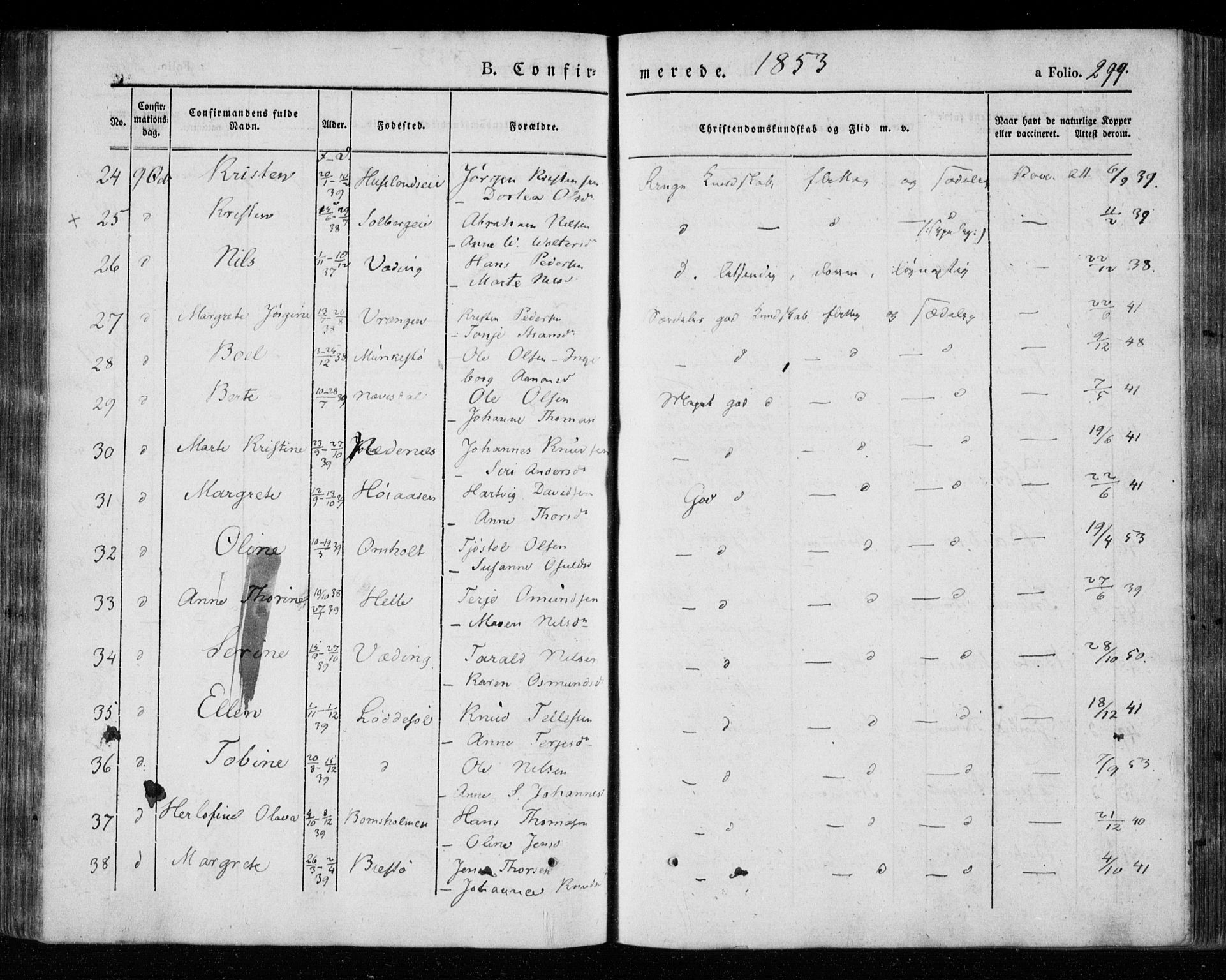 Øyestad sokneprestkontor, AV/SAK-1111-0049/F/Fa/L0014: Parish register (official) no. A 14, 1843-1856, p. 299