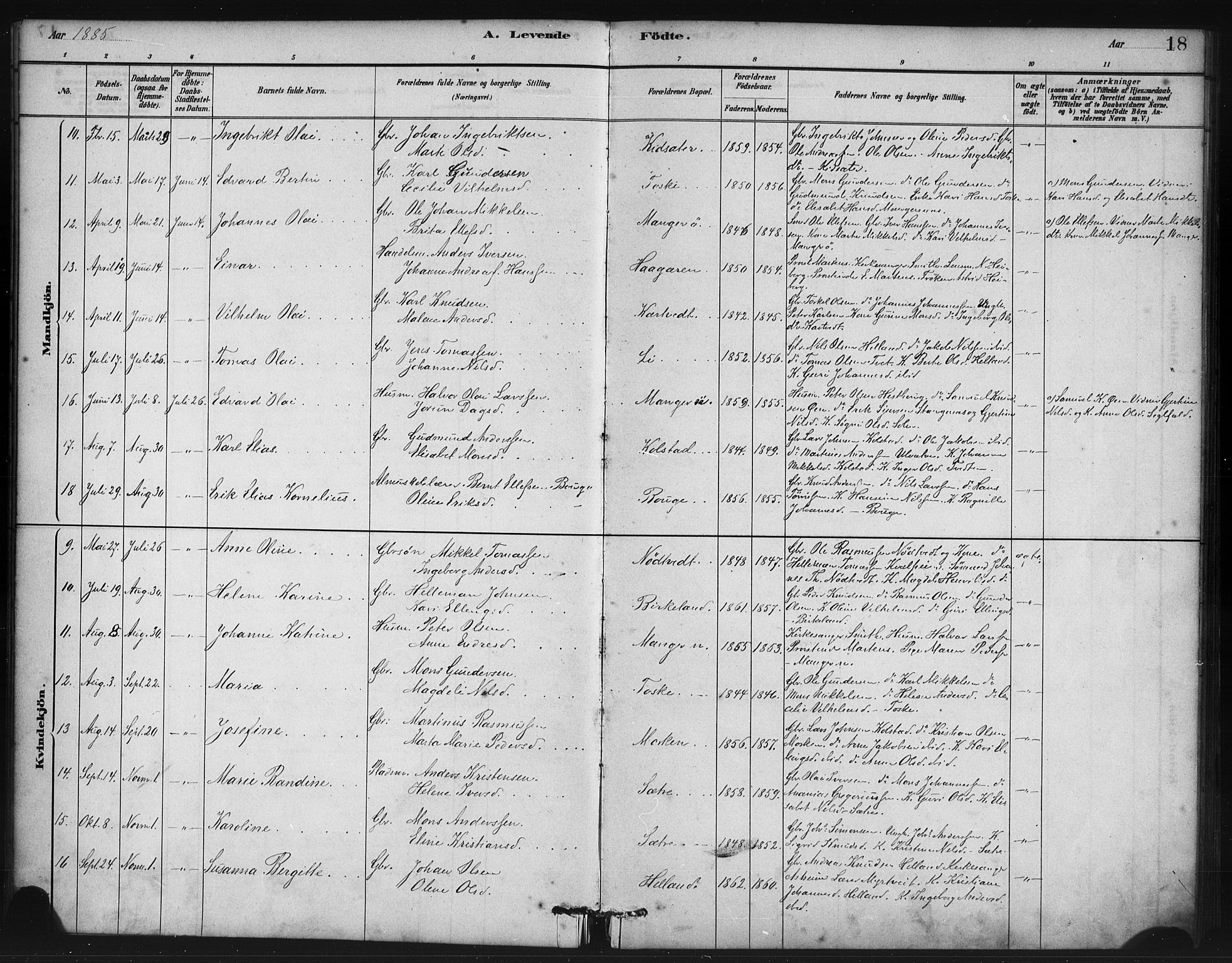 Manger sokneprestembete, SAB/A-76801/H/Haa: Parish register (official) no. B 1, 1881-1892, p. 18