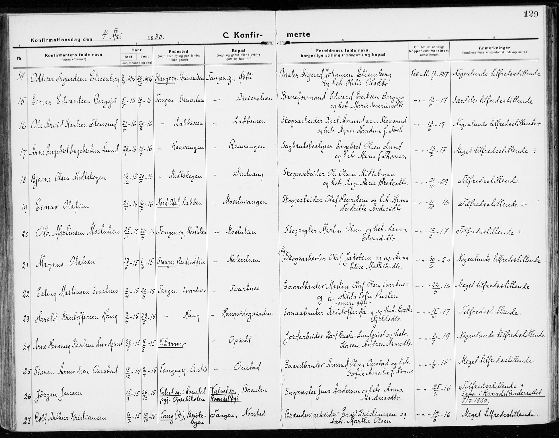 Stange prestekontor, AV/SAH-PREST-002/K/L0025: Parish register (official) no. 25, 1921-1945, p. 129