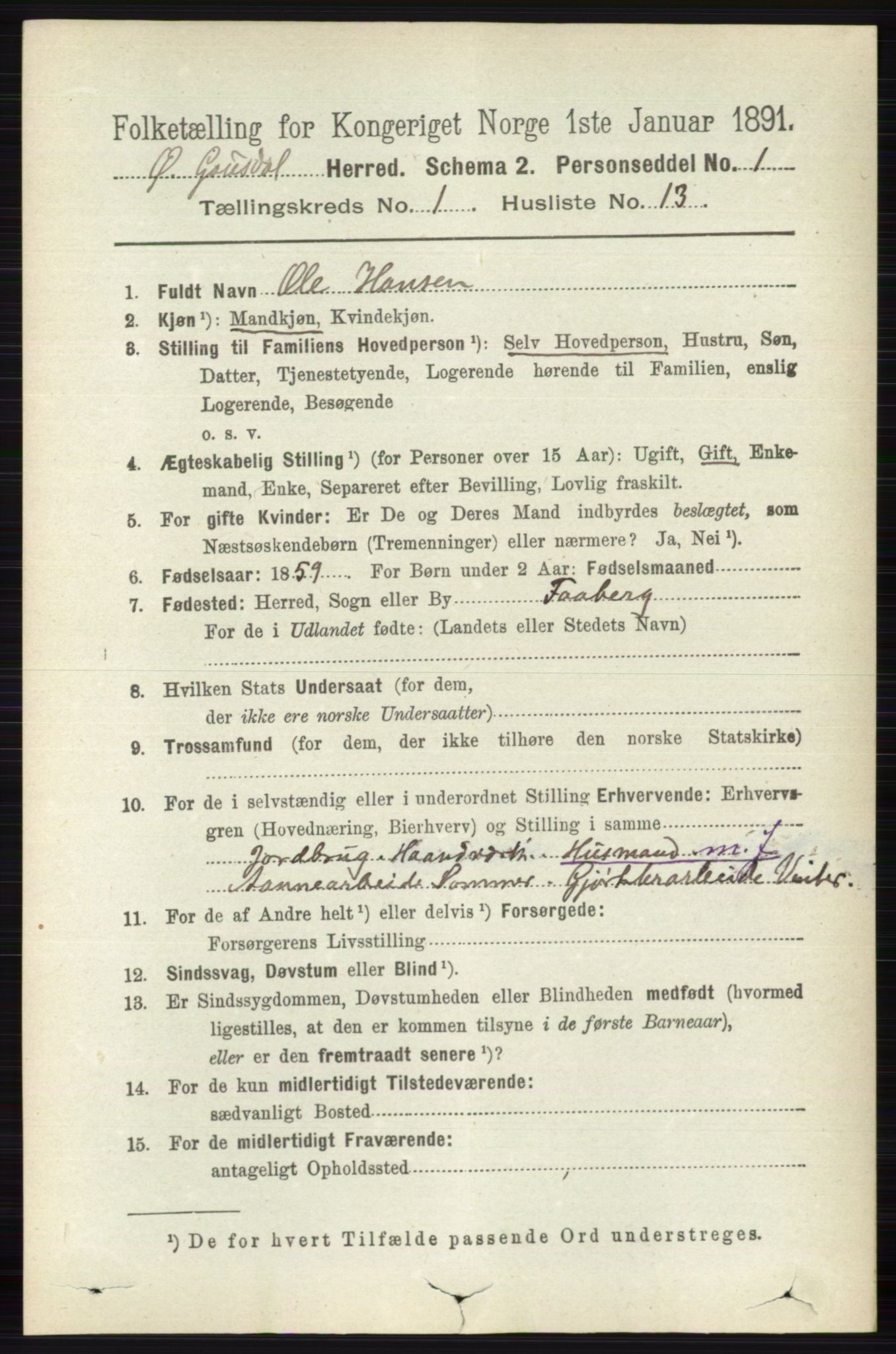 RA, 1891 census for 0522 Østre Gausdal, 1891, p. 273