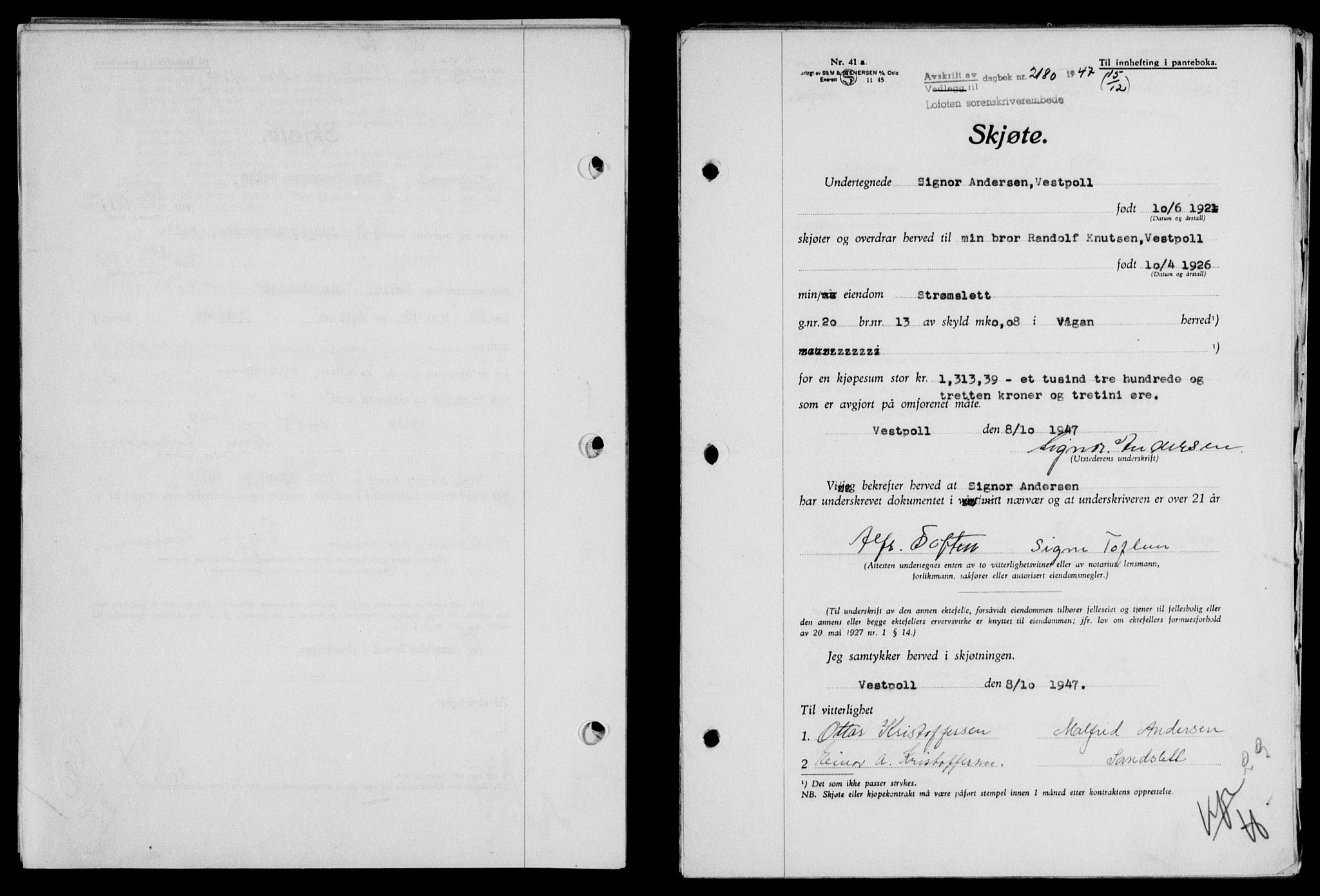Lofoten sorenskriveri, SAT/A-0017/1/2/2C/L0017a: Mortgage book no. 17a, 1947-1948, Diary no: : 2180/1947