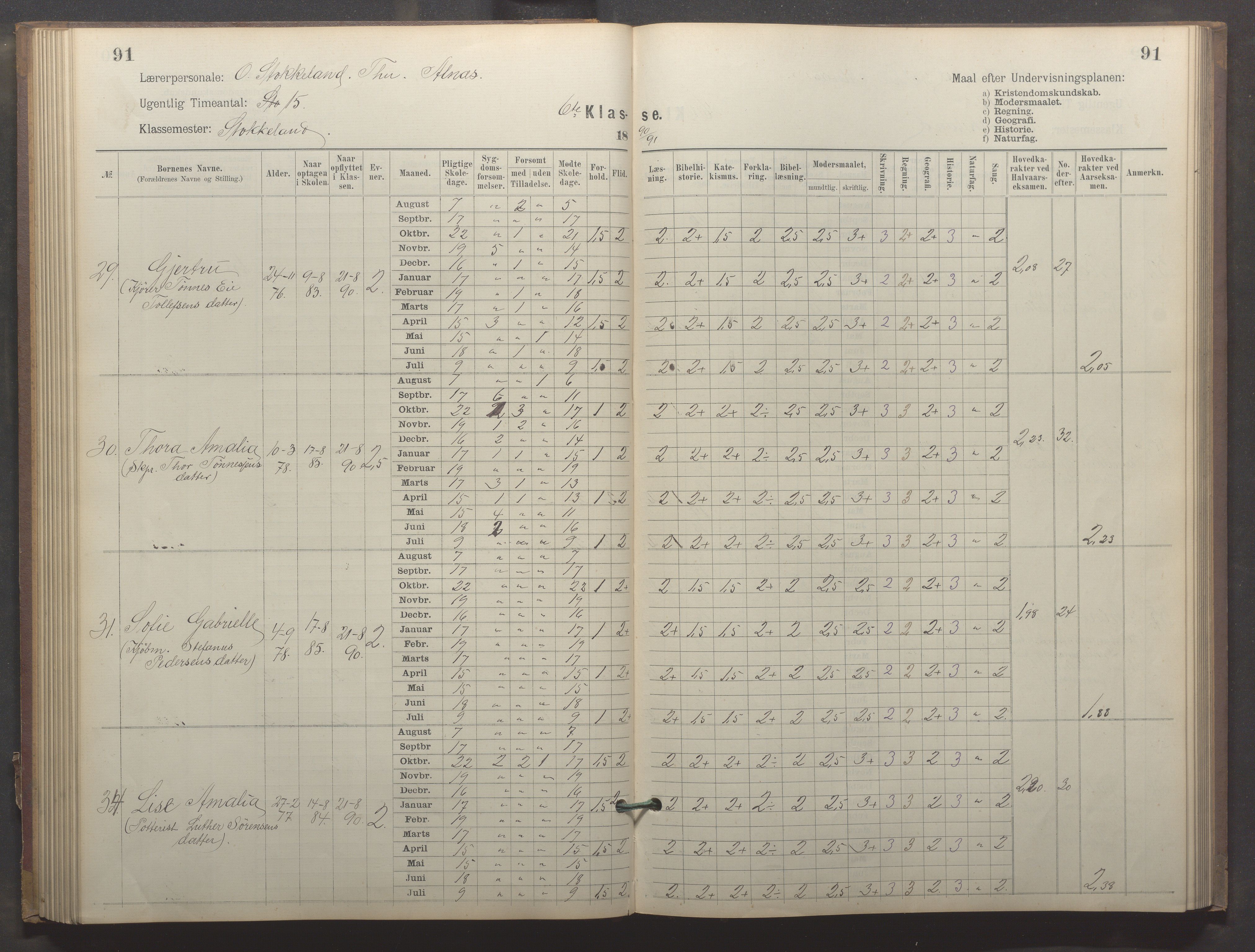 Egersund kommune (Ladested) - Egersund almueskole/folkeskole, IKAR/K-100521/H/L0023: Skoleprotokoll - Almueskolen, 6. klasse, 1886-1892, p. 91